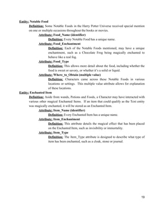 Entity:​ Notable Food
Definition: ​Some Notable Foods in the Harry Potter Universe received special mention
on one or multiple occasions throughout the books or movies.
Attribute:​ Food_Name (identifier)
Definition:​ ​Every Notable Food has a unique name.
Attribute:​ Food_Enchantment
Definition: ​Each of the Notable Foods mentioned, may have a unique
enchantment, such as a Chocolate Frog being magically enchanted to
behave like a real fog.
Attribute:​ Food_Type
Definition: ​This allows more detail about the food, including whether the
food is sweet or savory, or whether it’s a solid or liquid.
Attribute:​ Where_to_Obtain (multiple value)
Definition: ​Characters came across these Notable Foods in various
locations or settings. This multiple value attribute allows for explanation
of these locations.
Entity:​ Enchanted Item
Definition: ​Aside from wands, Potions and Foods, a Character may have interacted with
various other magical Enchanted Items. If an item that could qualify as the Text entity
was magically enchanted, it will be stored as an Enchanted Item.
Attribute:​ Item_Name (identifier)
Definition:​ ​Every Enchanted Item has a unique name.
Attribute:​ Item_Enchantment
Definition: ​This attribute details the magical effect that has been placed
on the Enchanted Item, such as invisibility or immortality.
Attribute:​ Item_Type
Definition: ​The Item_Type attribute is designed to describe what type of
item has been enchanted, such as a cloak, stone or journal.
19
 