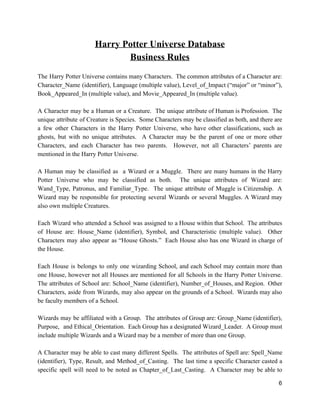 Harry Potter Universe Database
Business Rules
The Harry Potter Universe contains many Characters. The common attributes of a Character are:
Character_Name (identifier), Language (multiple value), Level_of_Impact (“major” or “minor”),
Book_Appeared_In (multiple value), and Movie_Appeared_In (multiple value).
A Character may be a Human or a Creature. The unique attribute of Human is Profession. The
unique attribute of Creature is Species. Some Characters may be classified as both, and there are
a few other Characters in the Harry Potter Universe, who have other classifications, such as
ghosts, but with no unique attributes. A Character may be the parent of one or more other
Characters, and each Character has two parents. However, not all Characters’ parents are
mentioned in the Harry Potter Universe.
A Human may be classified as a Wizard or a Muggle. There are many humans in the Harry
Potter Universe who may be classified as both. The unique attributes of Wizard are:
Wand_Type, Patronus, and Familiar_Type. The unique attribute of Muggle is Citizenship. A
Wizard may be responsible for protecting several Wizards or several Muggles. A Wizard may
also own multiple Creatures.
Each Wizard who attended a School was assigned to a House within that School. The attributes
of House are: House_Name (identifier), Symbol, and Characteristic (multiple value). Other
Characters may also appear as “House Ghosts.” Each House also has one Wizard in charge of
the House.
Each House is belongs to only one wizarding School, and each School may contain more than
one House, however not all Houses are mentioned for all Schools in the Harry Potter Universe.
The attributes of School are: School_Name (identifier), Number_of_Houses, and Region. Other
Characters, aside from Wizards, may also appear on the grounds of a School. Wizards may also
be faculty members of a School.
Wizards may be affiliated with a Group. The attributes of Group are: Group_Name (identifier),
Purpose, and Ethical_Orientation. Each Group has a designated Wizard_Leader. A Group must
include multiple Wizards and a Wizard may be a member of more than one Group.
A Character may be able to cast many different Spells. The attributes of Spell are: Spell_Name
(identifier), Type, Result, and Method_of_Casting. The last time a specific Character casted a
specific spell will need to be noted as Chapter_of_Last_Casting. A Character may be able to
6
 