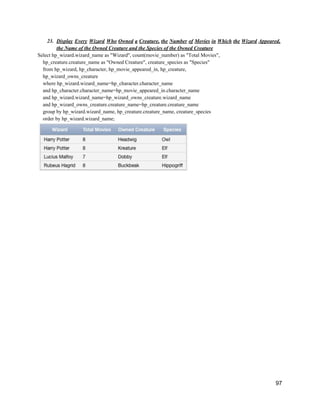 23. Display Every Wizard Who Owned a Creature, the Number of Movies in Which the Wizard Appeared,
the Name of the Owned Creature and the Species of the Owned Creature
​Select hp_wizard.wizard_name as "Wizard", count(movie_number) as "Total Movies",
hp_creature.creature_name as "Owned Creature", creature_species as "Species"
from ​hp_wizard, hp_character, hp_movie_appeared_in, hp_creature,
hp_wizard_owns_creature
​where ​hp_wizard.wizard_name=hp_character.character_name
and ​​​​​hp_character.character_name=hp_movie_appeared_in.character_name
and hp_wizard.wizard_name=hp_wizard_owns_creature.wizard_name
and hp_wizard_owns_creature.creature_name=hp_creature.creature_name
group by hp_wizard.wizard_name, hp_creature.creature_name, creature_species
order by hp_wizard.wizard_name;​
97
 