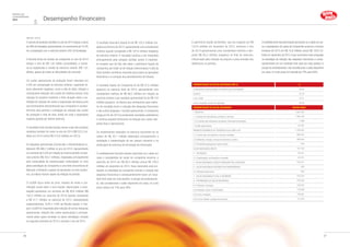Desempenho Financeiro
Relatório de
Sustentabilidade
2014
(GRI SO1, SO10)
O volume de produtos vendidos no ano de 2014 atingiu a soma
de 488 mil toneladas,apresentando um crescimento de 10,4%
em comparação com o exercício anterior (442 mil toneladas).
A Receita Bruta de vendas da companhia no ano de 2014
atingiu a cifra de R$ 1,62 bilhão (consolidado), e mante-
ve-se equiparada à receita do exercício anterior (R$ 1,61
bilhão), apesar de todas as dificuldades do mercado.
Os custos operacionais de produção foram reduzidos em
2,6% em comparação ao exercício anterior, superando fa-
tores altamente negativos, como a alta do dólar, inflação e
consequente elevação dos custos de matérias primas. Esta
redução foi possível mediante a forte atuação sobre a es-
tratégia de redução de custos e negociação de preços junto
aos fornecedores demonstrando que companhia é constan-
temente ativa perante a estratégia de redução dos custos
de produção e mão de obra, tendo em vista a expectativa
negativa gerada por fatores externos.
O resultado bruto (receita líquida menos custo dos produtos
vendidos) também foi maior no ano de 2014 (R$ 523,3 mi-
lhões em 2014 contra R$ 513,8 milhões em 2013).
As despesas operacionais (Comerciais e Administrativas) to-
talizaram R$ 466,2 milhões no ano de 2014, representando
um aumento de 5,0% em relação ao mesmo período no exer-
cício anterior (R$ 443,7 milhões), impactadas principalmente
pela continuidade da reestruturação contemplada no novo
plano estratégico da Companhia e uma forte concorrência de
Mercado. Entretanto e apesar de apresentar um leve acrésci-
mo, os índices ficaram abaixo da inflação do período.
O LAJIDA (lucro antes de juros, imposto de renda e con-
tribuição social sobre o lucro líquido, depreciação e amor-
tização) apresentou um aumento de R$ 46,6 milhões (R$
104,3 milhões no, exercício de 2014) quando comparado
a R$ 57,7 milhões no exercício de 2013, representando
respectivamente, 9,0% e 4,9% da Receita líquida. A mar-
gem LAJIDA foi impactada pela redução de outras despesas
operacionais, redução dos custos operacionais e principal-
mente pelas ações tomadas no plano estratégico iniciado
no segundo semestre de 2013 e durante o ano de 2014.
O resultado financeiro líquido foi de R$ 125,3 milhões (ne-
gativo) ao término de 2014, apresentando uma considerável
melhora quando comparado a R$ 187,8 milhões (negativo)
do exercício anterior. O resultado continua a ser impactado
principalmente pela variação cambial, porém é importan-
te ressaltar que tal fato não afeta o patrimônio líquido da
companhia, por tratar-se de relação Intercompany.A alta da
Selic também contribuiu onerando juros sobre as operações
financeiras e a correção dos parcelamentos de tributos.
O resultado líquido da Companhia foi de R$ 57,5 milhões
(prejuízo) no exercício findo de 2014, apresentando uma
considerável melhora de R$ 96,5 milhões em relação ao
exercício anterior cujo resultado apresentado foi de R$ 154
milhões (prejuízo). Os fatores que contribuíram para melho-
ria do resultado foram a redução das despesas financeiras
e das outras despesas / receitas operacionais.A companhia
chega ao fim de 2014 já sinalizando resultados satisfatórios
e continua atuando fortemente na redução dos custos, des-
pesas fixas e operacionais.
Os investimentos realizados no exercício encontram-se na
ordem de R$ 42,7 milhões destinados principalmente à
ampliação e modernização do seu parque industrial e na
atualização da estrutura de tecnologia da informação.
O endividamento bancário líquido (excluindo-se o saldo em
caixa e equivalentes de caixa) da companhia encerrou o
exercício de 2014 em R$ 90,4 milhões versus R$ 129,5
milhões em dezembro de 2013. Esse movimento está em-
basado na estratégia da companhia visando a redução das
despesas financeiras e consequentemente trazer um resul-
tado final cada vez mais positivo. A porção do endividamen-
to, não considerando o saldo disponível em caixa, no curto
prazo reduziu de 74% para 58%.
O patrimônio líquido da Bombril, que era negativo em R$
123,9 milhões em dezembro de 2013, terminou o ano
de 2014 apresentando uma considerável melhora e atin-
gindo R$ 60,3 milhões (negativo) no final do exercício,
influenciado pela redução do prejuízo e pela emissão das
debêntures no período.
O endividamento bancário líquido (excluindo-se o saldo em cai-
xa e equivalentes de caixa) da Companhia encerrou o terceiro
trimestre de 2014 em R$ 74,8 milhões versus R$ 129,5 mi-
lhões em dezembro de 2013.Esse movimento está embasado
na estratégia de redução das despesas financeiras e conse-
quentemente em um resultado final cada vez mais positivo. A
porção do endividamento,não considerando o saldo disponível
em caixa, no curto prazo foi reduzida de 74% para 60%.
Demonstração de valor adicionado (em %) %
Colaboradores (remuneração e benefícios para empregados) 38,00
Governo 42,79
Lucro retido -13,71
Juros e aluguéis (custos de operação) 32,93
Demonstração do valor adicionado Em mil Reais
1-RECEITAS 1.607.094
1.1) Vendas de mercadorias, produtos e serviços 1.556.186
1.2) Provisão para devedores duvidosos; Reversão/Constituição -1.589
1.3) Não operacionais 52.497
INSUMOS ADQUIRIDOS DE TERCEIROS (inclui ICMS e IPI) -1.165.932
2.1) Custos das mercadorias e serviços vendidos -808.537
2.2) Materiais, energia, serviços de terceiros e outros -356.955
2.3) Perda/Recuperação de valores ativos -440
VALOR ADICIONADO BRUTO 441.162
4 - RETENÇÕES -22.441
4.1) Depreciação, amortização e exaustão -22.441
5 -VALOR ADICIONADO LÍQUIDO PRODUZIDO PELA ENTIDADE 418.721
6 - VALOR ADICIONADO RECEBIDO EM TRANSFERÊNCIA 583
6.1) Receitas financeiras 583
7 - VALOR ADICIONADO TOTAL A DISTRIBUIR 419.304
8 - DISTRIBUIÇÃO DO VALOR ADICIONADO 419.304
8.1) Pessoal e encargos 159.332
8.2) Impostos, taxas e contribuições 179.409
8.3) Juros e aluguéis 138.067
8.4) Lucros retidos / prejuízo do exercício -57.504
26 27
 