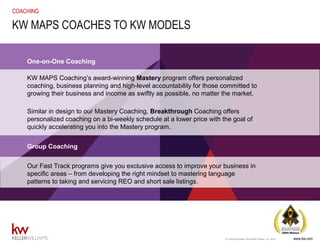 www.kw.com© Copyright Keller Williams® Realty, Inc. 2015
COACHING
One-on-One Coaching
Group Coaching
KW MAPS COACHES TO KW MODELS
www.kw.com© Copyright Keller Williams® Realty, Inc. 2014
KW MAPS Coaching’s award-winning Mastery program offers personalized
coaching, business planning and high-level accountability for those committed to
growing their business and income as swiftly as possible, no matter the market.
Similar in design to our Mastery Coaching, Breakthrough Coaching offers
personalized coaching on a bi-weekly schedule at a lower price with the goal of
quickly accelerating you into the Mastery program.
Our Fast Track programs give you exclusive access to improve your business in
specific areas – from developing the right mindset to mastering language
patterns to taking and servicing REO and short sale listings.
 