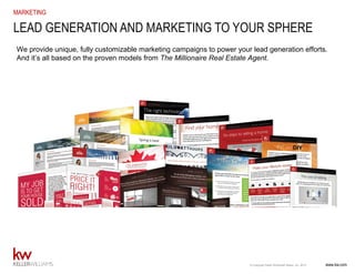 www.kw.com© Copyright Keller Williams® Realty, Inc. 2015
MARKETING
LEAD GENERATION AND MARKETING TO YOUR SPHERE
We provide unique, fully customizable marketing campaigns to power your lead generation efforts.
And it’s all based on the proven models from The Millionaire Real Estate Agent.
 