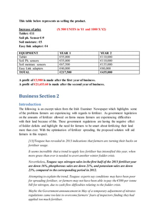 This table below represents us selling the product.
Increase of price (X 500 UNITS in Y1 and 1000 X Y2)
Tablet: €11
Soil ph. Sensor €:9
Soil moisture: €5
Easy link adapter: €4
A profit of €3,980 is made after the first year of business.
A profit of €21,653.60 is made after the second year of business.
Business Section 2
Introduction
The following is an excerpt taken from the Irish Examiner Newspaper which highlights some
of the problems farmers are experiencing with regards to fertilizer. As government legislation
on the amounts of fertilizer allowed on farms means farmers are experiencing difficulties
with their land because of this. These government regulations are having the negative effect
of fodder deficits and highlight the need for farmers to be smart about fertilizing their land
more than ever. With the optimisation of fertilizer spreading, the proposed solution will aid
farmers in this respect.
[13]Teagasc has revealed in 2013 indications that farmers are turning their backs on
fertiliser usage.
It seems incredible that a trend to apply less fertiliser has intensified this year, when
more grass than ever is needed to avert another winter fodder crisis.
Nevertheless, Teagasc says nitrogen sales in the first half of the 2013 fertiliser year
are down 16%, phosphorous sales are down 21%, and potassium sales are down
23%, compared to the corresponding period in 2012.
Attempting to explain the trend, Teagasc experts say conditions may have been poor
for spreading fertiliser, or farmers may not have been able to pay the €300 per tonne
bill for nitrogen, due to cash flow difficulties relating to the fodder crisis.
Maybe the Government announcement in May of a temporary adjustment of nitrates
regulations came too late to overcome farmers’ fears of inspectors finding they had
applied too much fertiliser.
EQUIPMENT YEAR 1 YEAR 2
Tablet €55,000 €110,000
Soil Ph. sensors €55,000 €110,000
Soil moisture sensors €67,500 €135,000
Easy Link adapters €40,000 €80,000
TOTAL €217,500 €435,000
 