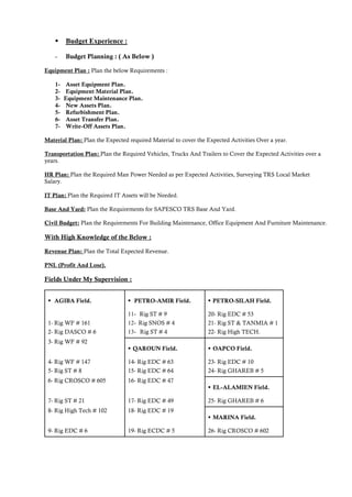 Budget Experience :
- Budget Planning : ( As Below )
Equipment Plan : Plan the below Requirements :
1- Asset Equipment Plan.
2- Equipment Material Plan.
3- Equipment Maintenance Plan.
4- New Assets Plan.
5- Refurbishment Plan.
6- Asset Transfer Plan.
7- Write-Off Assets Plan.
Material Plan: Plan the Expected required Material to cover the Expected Activities Over a year.
Transportation Plan: Plan the Required Vehicles, Trucks And Trailers to Cover the Expected Activities over a
years.
HR Plan: Plan the Required Man Power Needed as per Expected Activities, Surveying TRS Local Market
Salary.
IT Plan: Plan the Required IT Assets will be Needed.
Base And Yard: Plan the Requirements for SAPESCO TRS Base And Yard.
Civil Budget: Plan the Requirements For Building Maintenance, Office Equipment And Furniture Maintenance.
With High Knowledge of the Below :
Revenue Plan: Plan the Total Expected Revenue.
PNL (Profit And Lose).
Fields Under My Supervision :

 AGIBA Field.

 PETRO-AMIR Field.


 PETRO-SILAH Field.
11- Rig ST # 9 20- Rig EDC # 53
1- Rig WF # 161 12- Rig SNOS # 4 21- Rig ST & TANMIA # 1
2- Rig DASCO # 6 13- Rig ST # 4 22- Rig High TECH.
3- Rig WF # 92 
 QAROUN Field.

 OAPCO Field.

4- Rig WF # 147 14- Rig EDC # 63 23- Rig EDC # 10
5- Rig ST # 8 15- Rig EDC # 64 24- Rig GHAREB # 5
6- Rig CROSCO # 605 16- Rig EDC # 47 
 EL-ALAMIEN Field.

7- Rig ST # 21 17- Rig EDC # 49 25- Rig GHAREB # 6
8- Rig High Tech # 102 18- Rig EDC # 19 
 MARINA Field.

9- Rig EDC # 6 19- Rig ECDC # 5 26- Rig CROSCO # 602
 