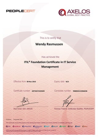 Wendy Rasmussen
ITIL® Foundation Certificate in IT Service
Management
08 Nov 2016
GR750272334WR
Printed on 9 November 2016
N/A
9980043152066658
 