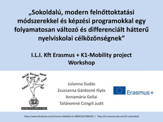 „Sokoldalú, modern felnőttoktatási
módszerekkel és képzési programokkal egy
folyamatosan változó és differenciált hátterű
nyelviskolai célközönségnek”
I.L.I. Kft Erasmus + K1-Mobility project
Workshop
Julianna Dudás
Zsuzsanna Gárdosné Illyés
Annamária Gellai
Talláromné Czingili Judit
https://www.facebook.com/Erasmus-Mobility-ILI-389922267866592 / http://ili-erasmus.wix.com/ili-nyelviskola
 