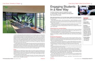 18 | AVTechnology Manager’s Workbook | Campus Collaboration Playbook	 avnetwork.com avnetwork.com	 Campus Collaboration Playbook | AVTechnology Manager’s Workbook 19
For their outside practice field, where the Oregon Ducks put their strategic sessions and training plans
into play, coaching staff were looking to recreate the same raucous stadium ambiance that is experienced
during tense game-time situations. This meant replicating crowd noise in volumes of up to 115 decibels,
specifically addressing the field’s surrounding structural challenges, which caused sound reflections from
buildings in the vicinity. To overcome this hurdle, CompView turned to Biamp’s AudiaFLEX platform to
provide both the audio capabilities and flexibility to adjust sound properties until the audio quality was just
right. Running on CobraNet, AudiaFLEX also allows the university’s AV staff to control and adjust sound
properties within the practice field and throughout the entire facility from multiple points, including the
center’s state-of-the-art main control room.
To create a greater sense of community, players and coaches have access to common areas within the
complex where they can gather during downtime. This includes a players’ lounge where teammates can
rest, recuperate, and relax by enjoying a game of pool, foosball, or console gaming. Complementing the
experience is full connectivity to the facility’s main Biamp-powered audio system, which allows players
and guests to listen to background music and remain informed of special announcements from coaching
personnel without audio compromises caused by the space’s surrounding glass walls.
Results
In constructing its new Hatfield-Dowlin Football Complex, the University of Oregon has changed the way
colleges attract talent to their programs. Instead of solely investing in fan-based areas such as stadiums
and merchandising, UO chose to turn its efforts inward by targeting both future and present-day students,
athletes, and coaching staff. Since the inauguration of the new complex, student-athletes have experi-
enced strong athletic and academic results.
The results of this new world-class facility speak for themselves. The University of Oregon has quickly
become one of the main players on the recruitment and expectations are that more Duck players will
move on to the NFL in the years to come. AVT
Case Study: University of Oregon s
Engaging Students
In a New Way
A school looking to give its students a jump
on technology connect students and educators
from around the world.
Rialto Unified School District, one of the nation’s largest, engaged AV technology integration
firm, AVI-SPL to deliver communication systems that would transform the way the school teaches and
conducts business.
District leaders wanted a system – built on Cisco architecture — based on high-definition, networked
video that would build awareness of educational initiatives and address emergency situations with imme-
diate notifications. By incorporating video and distance learning, Rialto also sought to bring a prestigious
‘university’ feel to its schools.
“When you ask students what their concerns are, and what they would like to learn and how, the new-
est technologies are top of mind,” said Joseph Martinez, Rialto School Board trustee member.
In accordance with the school’s funding requirements, AVI-SPL had to complete this fast-tracked
project in just 120 days.
Communications from a Centralized Platform
AVI-SPL completed the project on time, working closely with Rialto and Cisco to make sure milestones
were met. At the end of its four-month window, AVI-SPL had implemented the largest deployment of Cis-
co TelePresence and digital media in any school district in the nation.
Cisco Digital Media Players in 72 classrooms throughout the district facilitate digital signage, IPTV
and over-the-air broadcast TV. Additional digital signage displays and media players in areas outside the
classroom, such as lobbies and hallways, were added to deliver news, event information and wayfinding
assistance.
Extending The Virtual Classroom
The custom Cisco T3 TelePresence, located in a room within the library, empowers students to take vir-
tual field trips to museums and interact with guest lecturers from remote locations. It also utilizes Cisco’s
Enterprise Content Delivery System (ECDS), which helps Rialto easily scale and quickly retrieve video and
media over its existing WAN infrastructure.
Since the integration was finalized in November 2011, students at Rialto Middle School have used Cis-
co TelePresence for virtual field trips to NASA and the Great Barrier Reef. During another virtual field trip,
students interacted with middle school students from San Diego to learn about Chinese culture.
“Almost immediately, the students were engaged, they were focused, and they wanted to learn,” said
Martinez.
With positive feedback from parents, students and teachers alike, three additional virtual field trips had
been planned for the remainder of the school year.
“With the integration of this technology, retention and collaboration has increased, because the stu-
dents are able to learn in a medium that they interface with by choice all day long,” says Martinez.
Using Cisco’s Show and Share, teachers and students can create and upload video presentations, in-
structional lessons and other content that can be obtained on demand on a variety of devices – including
desktop computer, iPhone, and digital signage display. With Digital Signs, Rialto can also design, deliver
and manage a library of digital signage content from a centralized system.
Such is Rialto Middle School’s commitment to the new technology that it has developed elective
courses in which the students learn how to create content and push it to the digital media players so that
they can they teach other students and faculty.
“AVI-SPL has become a partner with us in education,” says Martinez. “They are there when we need
them.” AVT
SNAPSHOT
Rialto Unified School District
Rialto, CA
Solution Provided
Cisco digital media and
TelePresence technology
AV Integration
AVI-SPL integrated Cisco
Digital Media Players in
72 classrooms throughout
the district facilitate digital
signage, IPTV and over-the-
air broadcast TV. Additional
digital signage displays and
media players in areas such
as lobbies and hallway deliver
news, event information and
wayfinding assistance.
Technology Highlights
»» Cisco TelePresence
»» Cisco Show & Share
»» Cisco Digital Signs
Case Study: Rialto Unified School District s
PhotographCourtesy©Biamp
Courtesy ©AVI-SPL
 