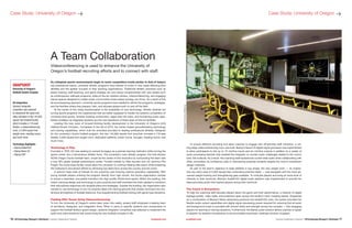 16 | AVTechnology Manager’s Workbook | Campus Collaboration Playbook	 avnetwork.com avnetwork.com	 Campus Collaboration Playbook | AVTechnology Manager’s Workbook 17
To ensure effective recruiting and allow coaches to engage with off-premise staff members, a cut-
ting-edge videoconferencing room was built. Biamp’s Nexia CS digital signal processor was implemented
to allow participants to link up to 10 mic/line inputs and six mic/line outputs in addition to a variety of
audio processing features that enabled the integrator to counter audio challenges related to the room’s
hard, flat surfaces. As a result, the coaching staff experiences crystal-clear audio when collaborating with
other universities via conference calls or interviewing potential students despite the room’s reverberant
design materials.
As part of the team’s objective to keep athletes in top shape, the new weight room — an impres-
sive two-story area of 5,000 square feet overlooking practice fields — was equipped with the most ad-
vanced weight-training and strengthening gear available. To motivate players and bring an extra level of
intensity to their workouts, Biamp’s AudiaFLEX digital audio platform was implemented to provide the
bass-pounding audio that inspires players during their workouts.
The Coach is Everywhere
To help the coaching staff educate players about the game and their performance, a network of digital
signage panels, video walls, and projectors span across the facility’s many meeting places. Supported
by a combination of Biamp’s Nexia networking products and AudiaFLEX units, the system provides the
flexible audio output capabilities and digital signal processing power required for ensuring that all audio
and background music is provided with utmost clarity and strength across the complex — fully engaging
players for learning or training situations. Furthermore, the Biamp audio solution allows coaches to speak
to players via wireless microphones to accommodate impromptu meetings anytime, anyplace.
As collegiate sports environments begin to reach competition levels similar to that of today’s
top professional teams, university athletic programs have started to invest in new areas affecting both
athletes and the greater success of their sporting organizations. Traditional athletic practices such as
player training, staff teaching, and game strategy are now being complemented with new assets such
as contemporary wellness programs, state-of-the-art medical centers, videoconferencing, and engaging
leisure spaces designed to create closer communities where player synergy can thrive. As a result of this
all-encompassing approach, university sports programs have needed to rethink the programs, strategies,
and the facilities where they prepare, train, and educate players both on and off the field.
At the center of this rising transformation is the availability of new technology. Athletic facilities are
turning sports programs into experiences that are better equipped to handle the extreme competition of
university-level sports. Smarter building construction, larger-than-life video, and thundering audio capa-
bilities available via integrated systems are the new backbone of these state-of-the-art facilities.
Leading this new wave of forward-thinking facility development is the University of Oregon’s (UO)
Hatfield-Dowlin Complex. Completed in the fall of 2013, the center boasts groundbreaking technology
and training capabilities, which rival the amenities provided to leading professional athletes. Designed
for the university’s Ducks football program, the new 145,000 square foot structure includes a 170-seat
theater, 5,000 square foot weight room, dedicated cafeteria, locker rooms, lounges, meeting rooms, and
much more.
Technology in Play
Founded in 1876, UO was seeking to cement its legacy as a premier learning institution while turning the
sports center into a tremendous athletic force. The university’s main athletic program, the first-division
NCAA Oregon Ducks football team, would be the center of this revolution by surrounding the team with
a new NFL-grade football performance center. Funded entirely by Nike founder and UO alumnus Phil
Knight, the world-class facility would allow the university to continue fielding elite teams while bolstering
the institution’s recruitment efforts by attracting top talent from across the country and the world.
A second major area of interest for the university was ensuring optimal education capabilities. With
young football players entering the program directly from high school, the Ducks organization wanted
to ensure a seamless, successful transition into high profile, NCAA-level sports. Within the building, this
meant marrying design and technology to give coaches and staff members the tools needed to transform
their educational objectives into tangible plans and strategies. Outside the building, the organization also
wanted to use technology to turn its practice fields into training grounds that closely mimicked the con-
tentious atmosphere of football stadiums, thus supplementing football training with game-type situations.
Fielding Elite Teams Using Videoconferencing
To turn the University of Oregon’s world-class vision into reality, project staff employed a leading team
of architects, designers, and integration firms. When it came to specific systems and components to
support the football facility’s grand design, systems integrator CompView was selected to implement the
audio and video solutions that would bring the new football complex to life.
Case Study: University of Oregon pCase Study: University of Oregon p
A Team Collaboration
Videoconferencing is used to enhance the University of
Oregon’s football recruiting efforts and to connect with staff.
SNAPSHOT
University of Oregon’s
Hatfield-Dowlin Complex
AV Integration
Systems integrator
CompView was selected
to implement the audio and
video solutions in the 145,000
square foot football facility
which includes a 170-seat
theater, a videoconferencing
room, a 5,000 square foot
weight room, meeting rooms,
and much more.
Technology Highlights
»» Biamp AudiaFLEX
»» Biamp Nexia CS
»» Biamp EXPI
PhotographCourtesy©Biamp
 