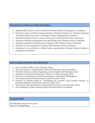Symposiums / Conferences / Paper Presentation
 Attended HR Conclave on VUCA world at Sri Krishna Institute of Management, Coimbatore
 Presented a paper on Women entrepreneurship in National conference on “Strategic integration
and entrepreneurial innovation” at Karpagam college of Engineering, Coimbatore
 Attended workshop on how to read an annual report at KCT Business school, Coimbatore
 Attended workshop on management through Heritage at KCT Business school, Coimbatore
 Attended symposium on Best practices in logistics at KCT Business school, Coimbatore
 Attended an event management workshop at KCT Business school, Coimbatore
 Participated in an workshop on Online business opportunities at Bannari Amman Institute of
management, Coimbatore
Extra Curricular Activities and Achievements
 Active member in NSS at Anna university, Trichy
 Won second prize in “Financeopedia” held at KCT Business school, Coimbatore
 Won Best volunteer award for organizing an event Angadi in KCT Business school
 Organized a national level Symposium “Panacea” at Anna university, Trichy
 Our team was a finalists in an event named Jaagruti conducted by IIM Bangalore
 Was the placement committee member at Anna university ,Trichy
 Projected an working model on “Annihilating fire accidents using hydrated alumina” in
Innovautt exhibition conducted by Anna university, Trichy
 Was been the class representative for the period of 2 years at Anna university, Trichy
 Have undergone In-plant training in Shasun Pharmaceuticals in Cuddalore
Computer Skills
MS office(Word, Excel, Power point)
Basics of C programming
 