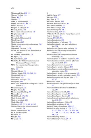 Index476476
Mohammad, Raz, 108, 112
Molcho, Yitzhak, 116
Money, 49, 57
Montana, 55
Moon of dreams (song), 123
Moore, Michael, 83, 85, 191
Morell, Michael, 35
Morgan, M. Granger, 207
Moriarty, James, 111
Moro islamic liberation front, 116
Morphable model, 144
Moss, Jeff, 189
Mossadegh, Mohammad, 62
Mosul, Iraq, 48
Motherboard, 217
Motion picture association of america, 230
Motorola, 202
Moussaoui, Zacarias, 23, 28
MPAA. See Motion Picture Association of
America
Mr. and Mrs. Smith (film), 223
Mr. Spock, 142
Mr. Turner (film), 228
MS-ISAC. See Multi-State Information
Sharing and Analysis Center
MTA. See Metropolitan Transportation
Authority
MTV, 309
Mubarak, Hosni, 191
Mueller, Robert, 201, 202, 249, 255
Muhammad, Feiz, 61
Multilingual, 124
Multimedia messages, 270
Multiplexer, 411
Multi-State Information Sharing and Analysis
Center, 252
Murdoch, Rupert, 77
Murphy, Wayne, 52
Murrah federal building, 59
Murray, Joel, 9
MUSCULAR, 170, 174
Music festival, 123
Music symposium, 123
Musk, Elon, 217
Muslim, 61, 62, 77, 78, 88, 98, 117
Muslim educational cultural center of
America, 78
Mutual authentication, 264
MUX. See Multiplexer
Myanmar, 77
MYCIN, 328
MySpace, 193
N
Nadella, Satya, 177
Nagasaki, 108
Nagl, John A., 52
Nakamoto, Satoshi, 315
Nakoula, Basseley Nakoula, 87
NAND flash memory, 355
NAND flash storage, 349
Nano hummingbird, 186
Nanotechnology, 173, 224
NATO. See North Atlantic Treaty Organization
Naquin, Douglas, 30
Nasdaq, 203, 259, 436
National academies, 206
National academy of sciences, 190
National aeronautics and space administra-
tion, 224
National center for education statistics, 310
National center for missing and exploited
children, 157
National center for women and information
technology, 312
National centers of academic excellence, 308
National commission on American cybersecu-
rity Act of 2008, 250
National counterterrorism center, 29
National cyber security alliance, 252
National cybersecurity and communications
integration center, 202
National cyber security awareness month, 252
National cyber security education council, 253
National geospatial-intelligence agency, 32,
33, 313
National ice center, 211
National initiative for cybersecurity education,
251
National institute of standards and technol-
ogy, 251
National institutes of health, 156
National intelligence council, 55, 226
National intelligence director, 29
National oceanic and atmospheric administra-
tion, 211, 224
National Reconnaissance Office, 32
National Research Council, 206
National Science Foundation, 156, 432
National Security Agency, 4, 7, 21, 22, 27,
52, 152, 153, 155, 162, 170, 176, 206,
211, 214, 217, 223, 224, 251, 301, 308,
309, 326
National Security Branch, 32
National Security Council, 29, 136
 