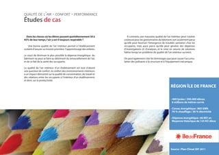 RÉGION ÎLE DE FRANCE
- 469 lycées / 390.000 élèves
6 millions de mètres carrés
- Conso.énergétique : 865 GWh
70 % chauffage / 30 % électricité
- Dépense énergétique : 66 M€ / an
Moyenne théorique de 125 K€ / élève
Source : Plan Climat IDF 2011
qualité de l’air - confort - performance
Études de cas
Dans les classes où les élèves passent quotidiennement 30 à
45% de leur temps,l’air y est-il toujours respirable ?
Une bonne qualité de l’air intérieur permet à l’établissement
scolaire d’assurer sa mission première :l’apprentissage des enfants.
Le souci de diminuer le plus possible la dépense énergétique du
bâtiment ne peut se faire au détriment du renouvellement de l’air,
et de ce fait de la santé des occupants.
La qualité de l’air intérieur d’un établissement est tout d’abord
une question de confort ;le confort des environnements intérieurs
a un impact démontré sur la qualité de concentration,de travail et
des relations entre les occupants à l’intérieur d’un établissement,
et donc sur la productivité.
À contrario,une mauvaise qualité de l’air intérieur peut s’avérer
coûteusepourlesgestionnairesdubâtiment,nonseulementparce
qu’elle peut favoriser l’émergence de troubles sanitaires chez les
occupants, mais aussi parce qu’elle peut générer des dépenses
d’investigations et d’analyses, et la mise en oeuvre de solutions
hâtive lorsqu’un problème de qualité de l’air intérieur survient.
On peut également citer les dommages que peut causer l’accumu-
lation des polluants à la structure et à l’équipement mécanique.
 