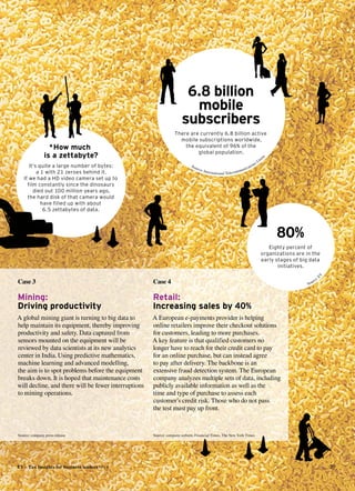 EY – Tax Insights for business leaders №14 29
Case 4
Retail:
Increasing sales by 40%
A European e-payments provider is helping
online retailers improve their checkout solutions
for customers, leading to more purchases.
A key feature is that qualified customers no
longer have to reach for their credit card to pay
for an online purchase, but can instead agree
to pay after delivery. The backbone is an
extensive fraud detection system. The European
company analyzes multiple sets of data, including
publicly available information as well as the
time and type of purchase to assess each
customer’s credit risk. Those who do not pass
the test must pay up front.
Case 3
Mining:
Driving ­productivity
A global mining giant is turning to big data to
help maintain its equipment, thereby improving
productivity and safety. Data captured from
sensors mounted on the equipment will be
reviewed by data scientists at its new analytics
center in India. Using predictive mathematics,
machine learning and advanced modelling,
the aim is to spot problems before the equipment
breaks down. It is hoped that maintenance costs
will decline, and there will be fewer interruptions
to mining operations.
6.8 billion
mobile
subscribers
There are currently 6.8 billion active 
mobile subscriptions worldwide, 
the equivalent of 96% of the 
global population.
80%
Eighty percent of 
organizations are in the 
early stages of big data 
initiatives.
*How much
is a zettabyte?
It’s quite a large number of bytes: 
a 1 with 21 zeroes behind it. 
If we had a HD video camera set up to
film constantly since the dinosaurs
died out 100 million years ago, 
the hard disk of that camera would
have filled up with about 
6.5 zettabytes of data.   
Source: E
Y
Source: International Telecommunications Union
Source: company press release Source: company website, Financial Times, The New York Times
 