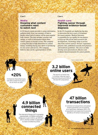 30 EY – Tax Insights for business leaders №14
+20%
Companies that ­effectively
use data ­outperform peers
by as much as 20%.
3.2 billion
online users
The world currently has 
3.2 billion internet users, 
representing around 44% of 
the world’s population.
4.9 billion
connected
things
The internet of things (IOT) is growing 
exponentially. 4.9 billion connected 
things are in use in 2015, up 30% from
2014, and the number is expected 
to reach 25 billion by 2020.
47 billion
transactions
E-commerce transactions and global 
mobile payments are increasing 
at a rapid pace. Between 2011­—15, 
m-payments are expected to grow by 
60.8% to 47 billion transactions.
Case 6
Health care:
Fighting cancer through
improved ­evidence-based
diagnosis
In the US, hospitals are deploying big data
to determine the best course of treatment
for cancer patients. Medical literature
is expanding far too rapidly for oncologists
to keep up with all the latest research and
developments. Technology helps to review
data from various sources: doctors’experience,
genomic data, published research, best practices
and treatment guidelines. The aim is to help
develop more personalized, effective and
evidence-based treatments for cancer patients.
Case 5
Media:
Knowing what content
customers want
to watch next
A US-based content provider is using information
gathered daily from vast amounts of data to
predict what kind of content will be most popular
with viewers. The data includes searches and
ratings, as well as information about when
viewers pause or rewind a scene. The company
is using that data to help determine its content
lineup, including buying new shows or producing
its own series and movies. The company
believes data can be a good predictor of hits.
Source: Gigaom, Wired, The New York Times Source: company website
Source: EY
Source: Gartner Inc
.
Source: Capgemini
Source: International Telecommunications Un
ion
 