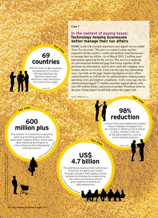 EY – Tax Insights for business leaders №14 31
98%
reduction
Losses from value-added tax-related
fraud in Belgium dropped from 
€1.1 billion in 2002 to €18.5 million
in 2012, thanks to the use 
of big data analytics, such as
social network analysis.
Tax view
600
million plus
The number of transactions reported 
each year by third parties to the 
Australian Taxation Office, which uses
data-matching techniques to 
cross-reference this information 
with tax returns.
Tax view
US$
4.7billion
The additional revenue that California’s
Franchise Tax Board will collect 
through a project that updates its tax
systems technology by modernizing 
the return processing system 
and creating an enterprise 
data warehouse.
Tax view
69
countries
Out of a total of 86 countries 
surveyed by EY in 2013, 
69 reported their tax 
administrations use 
electronic data extraction
for indirect tax audits.
Tax vie
w
Case 7
In the context of paying taxes:
Technology helping businesses
better manage their tax affairs
HMRC in the UK recently launched a new digital service called
“Your Tax Account.” The aim is to make it easier and less
expensive for the country’s small and medium-sized businesses
to manage their tax affairs. As of March 2015, 2 million users
had already signed up for the service. The service is made up
of a personalized dashboard page that brings together all the
pertinent tax ­information, such as how much the company owes
in taxes and its tax records. Users can also pay any outstanding
taxes via a link on the page. Improving digital services offers
critical benefits as well for the tax administration, helping reduce
operating costs and improve compliance. A few years ago, the tax
administration logged 73 million customer support phone calls,
sent 200 million ­letters, and received another 70 million items in
the post. Going ­digital should help reduce this paper trail.
Source: HMRC/Gov.uk
Source: Australia
nTaxationOffice
Source: SAS
Source:StateofCalifornia
Franchise Tax Board
Credits:MathiasHofstetter,Rawpixel,EllieNator,art_zzz/Fotolia,
4x6,Vectorig,AdrianHillman,majivecka,Leontura/istockphoto
Source: EY
 