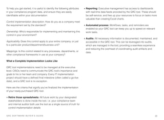 To help you get started, it is useful to identify the following attributes
in your compliance program data, and ensure they are easily
identiﬁable within your documentation:
Control implementation description. How do you as a company meet
the requirement set by the standard?
Ownership. Who’s responsible for implementing and maintaining this
control in your environment?
Applicability. Does this control apply to your entire company, or just
to a particular product/department/business unit?
Mappings. Is this control related to any processes, departments, or
other compliance frameworks in use at your company?
What a Complete Implementation Looks Like
GRC tool implementations need to be managed at the executive
level. CISOs need to communicate the GRC tool’s importance and
goals to his or her team and company. Every IT implementation
project should have a deﬁned ﬁnal milestone (often called a go-live
date), and a GRC tool is no exception.
Here are the criteria that signify you’ve ﬁnalized the implementation
of your newly-purchased GRC tool.
• Retire those spreadsheets: All future work by your designated
stakeholders is done inside the tool, i.e. your compliance team
and internal auditor both use the tool as a single source of truth for
control implementation details
• Reporting: Executive management has access to dashboards
with real-time data feeds provided by the GRC tool. These should
be self-service, and free up your resources to focus on tasks more
valuable than creating Excel charts.
• Automated process: Workﬂows, tasks, and reminders are
enabled so your GRC tool can keep you up to speed on relevant
work tasks.
• Audits: All necessary information is documented, maintained, and
accessible in the GRC tool. This can be leveraged into audits,
which are managed in the tool, providing a seamless experience
and reducing the overhead of coordinating audit artifacts and
data.
22GRC SOFTWARE BUYER’S GUIDE!GRC SOFTWARE BUYER’S GUIDE!
 