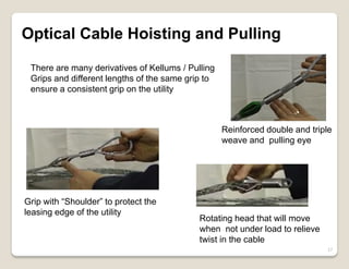17
Optical Cable Hoisting and Pulling
There are many derivatives of Kellums / Pulling
Grips and different lengths of the same grip to
ensure a consistent grip on the utility
Grip with “Shoulder” to protect the
leasing edge of the utility
Reinforced double and triple
weave and pulling eye
Rotating head that will move
when not under load to relieve
twist in the cable
 