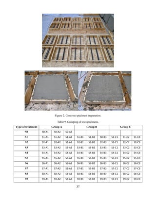 37
Figure 2. Concrete specimen preparation.
Table 9. Grouping of test specimens.
Type of treatment Group A Group B Group C
S0 S0-A1 S0-A2 S0-A3
S1 S1-A1 S1-A2 S1-A3 S1-B1 S1-B2 S0-B3 S1-C1 S1-C2 S1-C3
S2 S2-A1 S2-A2 S2-A3 S2-B1 S2-B2 S2-B3 S2-C1 S2-C2 S2-C3
S3 S3-A1 S3-A2 S3-A3 S3-B1 S3-B2 S3-B3 S3-C1 S3-C2 S3-C3
S4 S4-A1 S4-A2 S4-A3 S4-B1 S4-B2 S4-B3 S4-C1 S4-C2 S4-C3
S5 S5-A1 S5-A2 S5-A3 S5-B1 S5-B2 S5-B3 S5-C1 S5-C2 S5-C3
S6 S6-A1 S6-A2 S6-A3 S6-B1 S6-B2 S6-B3 S6-C1 S6-C2 S6-C3
S7 S7-A1 S7-A2 S7-A3 S7-B1 S7-B2 S7-B3 S7-C1 S7-C2 S7-C3
S8 S8-A1 S8-A2 S8-A3 S8-B1 S8-B2 S8-B3 S8-C1 S8-C2 S8-C3
S9 S9-A1 S9-A2 S9-A3 S9-B1 S9-B2 S9-B3 S9-C1 S9-C2 S9-C3
 