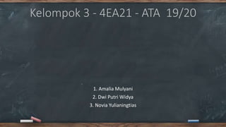 Kelompok 3 - 4EA21 - ATA 19/20
1. Amalia Mulyani
2. Dwi Putri Widya
3. Novia Yulianingtias
 