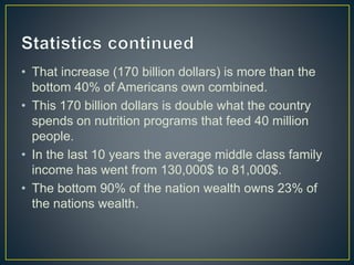 • That increase (170 billion dollars) is more than the
bottom 40% of Americans own combined.
• This 170 billion dollars is double what the country
spends on nutrition programs that feed 40 million
people.
• In the last 10 years the average middle class family
income has went from 130,000$ to 81,000$.
• The bottom 90% of the nation wealth owns 23% of
the nations wealth.
 