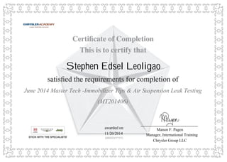 Stephen Edsel Leoligao
June 2014 Master Tech -Immobilizer Tips & Air Suspension Leak Testing
(MT201406)
awarded on
11/20/2014
Manon F. Pagen
Manager, International Training
Chrysler Group LLC
(MM/DD/YYYY)
 