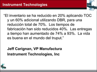 Instrument Technologies “ El inventario se ha reducido en 20% aplicando TOC y un 60% adicional utilizando DBR, para una reducción total de 70%.  Los tiempos de fabricación han sido reducidos 40%.  Las entregas a tiempo han aumentado de 74% a 93%.  La vida es buena en el mundo del truput.” Jeff Carignan, VP Manufactura Instrument Technologies, Inc 