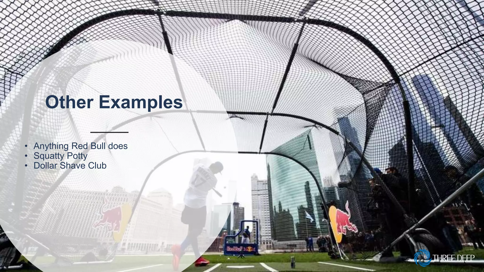 Other Examples
• Anything Red Bull does
• Squatty Potty
• Dollar Shave Club
 