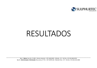 RESULTADOSRESULTADOSRESULTADOSRESULTADOS
Un. I - Fábrica: Rua 34, nº 1409 – Distrito Industrial – CEP 14620-000 – Orlândia – SP – Tel./Fax: +55 (16) 3826-0533
Un. II – Administração e Distribuição: Rua Lorena, nº 751 – CEP 14078-120 – Ribeirão Preto – SP – Tel./Fax: +55 (16) 2132-2000
 