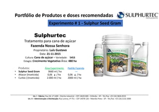 Sulphurtec
Tratamento para cana de açúcar
Fazenda Nossa Senhora
Proprietário: Luís Gustavo
Data: 21-11-2015
Cultura: Cana de açúcar – Variedade: 5453
Estagio: Crecimento Vegetativo Área: 480 ha
Produtos: Área ExperimentoÁrea ExperimentoÁrea ExperimentoÁrea Experimento Padrão FazendaPadrão FazendaPadrão FazendaPadrão Fazenda
• Sulphur Seed Gram 3660 ml / ha ---
• Altacor (Inseticida) 0,06 g / ha 0,06 g / ha
• Curbix ( (Inseticida) 2.000 ml / ha 2000 ml / ha
Un. I - Fábrica: Rua 34, nº 1409 – Distrito Industrial – CEP 14620-000 – Orlândia – SP – Tel./Fax: +55 (16) 3826-0533
Un. II – Administração e Distribuição: Rua Lorena, nº 751 – CEP 14078-120 – Ribeirão Preto – SP – Tel./Fax: +55 (16) 2132-2000
Portfólio de Produtos e doses recomendadas
Experimento # 1 - Sulphur Seed Gram
 