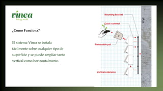 ¿Como Funciona?
El sistema Vinea se instala
fácilmente sobre cualquier tipo de
superficie y se puede ampliar tanto
vertical como horizontalmente.
 