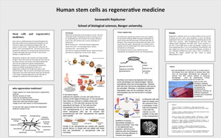 Stem cells and regenerative
medicines.
 
Stem cells are undifferentiated cells found throughout the 
body after embryonic development that multiplies by cell 
division to replace and regenerate damaged cells. The 
sources of stem cell are – adult stem cells, embryonic SC, 
iPS SC, cancer and leukaemia SC. This stem cell are used in 
regenerative medicines for creating living, functional tissues 
to repair and replace the tissues lost due to age, disease, 
damage or congenital defects. 
Regenerative medicine aids in people with longer healthy 
living[1]. Most cells source for the embryonic stem cells are 
the inner cell mass of an embryo and induced pluripotent 
stem cells are produced by genetic reprogramming. 
Regenerative medicine is a heterogeneous domain that 
consists of multiple technological avenues in it.  
Regenerative medicine has brought new hopes to the 
medical industry. They are used in cell therapy and in tissue 
engineering. One of the main benefit using stem cell therapy 
is less usage of immunosuppression as the cells that are 
damaged are replaced by the same patients cells. 
why regenerative medicines?
•Organ rejection is a rarely faced issue in regenerative
medicine.
•Shorter recovery of victim.
•They can be banked at birth.
•There is no or less ethical controversy.
•Adult stem cells have limitless supply.
•Usage of own cells means no immunosuppression.
As said the wide range of studies that regenerative
medicine is based on are:
Cell therapy
When there are particular cells missing in a circuit , the stem 
cell therapy helps in forming the sources of missing cells or 
by manipulating the cell to produce the missing substances.
Some of the cells and their uses in stem cell therapy are 
listed below:
Blood forming cells – blood and immune regeneration
Neural stem cells – for neurodegenerative cells[2]
Fibroblast cells – skin forming cells
Also used in treating autoimmune disease, spinal cord injury 
and cancer by suppressing “do not eat me” signal.
Issues
Regenerative medicine can be an evolving solution for the survival 
of  human  race  but  it  have  some  limitations.  In  stem  cell  therapy 
targeting the stem cell to its proper place is painstaking process and 
needs  more  accuracy.  After  transplanting  the  cell  they  must 
undergo  proper  integration  with  other  cells.  Tissue  rejection  is  a 
rare  but  a  worst  night  mare  in  stem  cell  therapy.  Coming  to  the 
tissue engineering there is very low availability of biomaterials, and 
they expand very less in in-vitro and also inadequate vascularity is 
seen. Although scaffolds have many sources, there is a problem is 
choosing  the  suitable  scaffold  and  their  control  in  spatial 
differentiation in cells. 
Saraswathi Rajakumar
School of biological sciences, Bangor university.
future
stem cell availability is very low which is a major issue in
cell therapy thus new methods to develop stem cells
must be encouraged. Biomaterial are adequate in
amount thus thhe various method of producing
biomaterials must be implemented. Further
investigations must be carried out on stem cell
Reference
1. Riazi, A. M., Kwon, S. Y., & Stanford, W. L. (2009). Stem cell sources for
regenerative medicine. In Stem Cells in Regenerative Medicine (pp. 55-90). Humana
Press.
2. Lindvall, O., Kokaia, Z., & Martinez-Serrano, A. (2004). Stem cell therapy for human
neurodegenerative disorders–how to make it work.
3. Park, I. H., Arora, N., Huo, H., Maherali, N., Ahfeldt, T., Shimamura, A., ... & Daley,
G. Q. (2008). Disease-specific induced pluripotent stem cells. cell,134(5), 877-886.
4. Kawamura, T., Suzuki, J., Wang, Y. V., Menendez, S., Morera, L. B., Raya, A., ... &
Belmonte, J. C. I. (2009). Linking the p53 tumour suppressor pathway to somatic cell
reprogramming. Nature, 460(7259), 1140-1144.
5. Lutolf, M. P., & Hubbell, J. A. (2005). Synthetic biomaterials as instructive
extracellular microenvironments for morphogenesis in tissue engineering.Nature
biotechnology, 23(1), 47-55.
6. Yang, S., Leong, K. F., Du, Z., & Chua, C. K. (2001). The design of scaffolds for use
in tissue engineering. Part I. Traditional factors. Tissue engineering, 7(6), 679-689.
Tissue engineering
The field where engineering and life science joins together 
for the benefit of human health. Biological substituents are 
used to restore the cells and tissues of human body that are 
damaged. These biomaterials tend maintain and improve the 
tissues and cells quality. Biomaterials were initially used in 
implants but novel technologies have made it possible to use 
biomaterials in cell therapy. 
The biomaterial used for tissue engineering easily 
reproducible, biocompatible and are non-immunogenic[6]. 
In the above figure :
a)Shows the isolation of inner cell mass from an
embryo at the stage of blastocyst. b) The pluripotent
stem cells are cultured in sutable media and
conditions. c) The cells then develop into the
specialized cell types. d) The cells are then
transplanted into the victim for treatment.
Cell reprogramming is a new technique through
which specialized cells can be induced with
pluripotency[3] and then reprogramed into specific
stem cells[4].
a)Cells to be reprogramed are treated with specific
growth factors. b) target cells are added with these
and are transfected. c) reprogramed cells are
harvested.
Synthetic and natural biomaterials both share
some advantages and disadvantages. Natural
biomaterials have low immunogenicity, interacts
well with host cell but the degradation rate cannot
be controlled. Whereas, in synthetic biomaterial
degradation rate can be controlled, they are
biocompatible and can be formed in complex
shapes.
a) Required cells are
taken by biopsy and
are cultured to form
a monolayer. b) the
cells are expanded.
c) the cells are
cultures on a 3D
scaffold. d) the cells
is then transplanted.
Scaffold is a porous,
absorbable synthetic or
natural polymer[6]. They help
in cell attachment and
migration, delivering and
retaining cells and biological
factors, and also diffusion of
nutrients and signals.
spray-on skin, limb
transplant, artificially
engineered valves, fingers
and genitals are
manufactured by
researchers. Recently, an
artificially engineered
windpipe was transplanted
successfully.
 