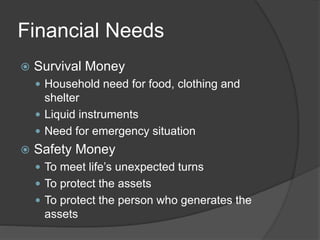 Financial Needs
 Survival Money
 Household need for food, clothing and
shelter
 Liquid instruments
 Need for emergency situation
 Safety Money
 To meet life’s unexpected turns
 To protect the assets
 To protect the person who generates the
assets
 
