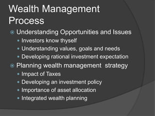Wealth Management
Process
 Understanding Opportunities and Issues
 Investors know thyself
 Understanding values, goals and needs
 Developing rational investment expectation
 Planning wealth management strategy
 Impact of Taxes
 Developing an investment policy
 Importance of asset allocation
 Integrated wealth planning
 
