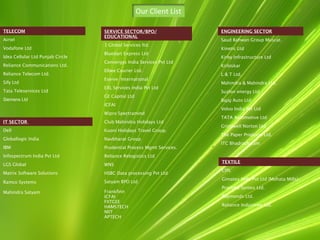Our Client List
TELECOM
Airtel
Vodafone Ltd
Idea Cellular Ltd Punjab Circle
Reliance Communications Ltd.
Reliance Telecom Ltd.
Sify Ltd
Tata Teleservices Ltd
Siemens Ltd
IT SECTOR
Dell
Globallogic India
IBM
Infospectrum India Pvt Ltd
LGS Global
Matrix Software Solutions
Ramco Systems
Mahindra Satyam
SERVICE SECTOR/BPO/
EDUCATIONAL
3 Global Services ltd.
Bluedart Express Ltd
Convergys India Services Pvt Ltd
Elbee Courier Ltd.
Eserve International
EXL Services India Pvt Ltd
GE Capital Ltd
ICFAI
Wipro Spectramind
Club Mahindra Holidays Ltd
Kuoni Holidays Travel Group.
Navbharat Group
Prudential Process Mgmt Services.
Reliance Relogistics Ltd
WNS
HSBC Data processing Pvt Ltd
Satyam BPO Ltd
Frankfinn
ICFAI
FIITGEE
HAMSTECH
NIIT
APTECH
ENGINEERING SECTOR
Saud Bahwan Group Muscat.
Kinetic Ltd
Kirby Infrastructure Ltd
Kirloskar
L & T Ltd.
Mahindra & Mahindra Ltd.
Suzlon energy Ltd
Bajaj Auto Ltd
Volvo India Pvt Ltd
TATA Automotive Ltd
Grindwell Norton Ltd
The Paper Products Ltd.
ITC Bhadrachalam
TEXTILE
CIPL
Gimatex Mills Pvt Ltd (Mohata Mills)
Prathiba Syntex Ltd.
Raymonds Ltd.
Reliance Industries Ltd.
 