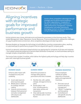 Incent Perform Grow
Aligning incentives
with strategic
goals for improved
performance and
business growth
Iconixx solutions save money, eliminate errors and streamline processes to drive business results. They
enable Management, Sales, Operations, Human Resources, Finance professionals to address the challenges
of a pay-for-performance environment, drive competitive advantage and retain top talent.
Business Analysts can leverage the technology to build effective incentive compensation plans, resulting
in customized pay-for-performance programs that are aligned with specific company goals.
Iconixx’s on-demand, subscription-based solutions are appropriate for companies of all sizes and industries
– from global enterprises preparing to become Next Generation Enterprises, to small businesses starting to
manage complex compensation scenarios.
The Iconixx Suite includes 3 modules, which deliver the highest quality technology and help align incentive
plans with meaningful business growth.
Enhance sales impact with
increased accuracy and
scalability:
•	 Incent sales teams to
drive business goals
•	 Model plans in advance
for strategic decision
making
•	 Improve communication
between field personnel
and sales management
with easy-to-use
dashboards
Streamline processes to
manage salary payouts,
promotions and merit increases:
•	 Quickly view, edit, update,
change, and approve bonus
plans
•	 Access data in real
time, including year-to-
date salary, quotas and
transactions
•	 View side-by-side incentives
by individual, plan or team
factors
Ensure employee
visibility for better
alignment of business
goals and organizational
incentives:
•	 Eliminate manual
incentive & bonus
management
•	 "What-if" budgeting
and forecasting
•	 Controlled and
role-specific security
dashboards
ICONIXX SALES ICONIXX MERIT ICONIXX INCENTIVE
Iconixx drives competitive advantage through
strategic pay-for-performance programs
for entire organizations. Companies of
all sizes can maximize their investment in
sales performance management, incentive
compensation and salary planning by
leveraging Iconixx’s on-demand technology
and groundbreaking expertise.
 
