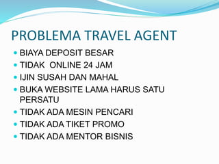 PROBLEMA TRAVEL AGENT
 BIAYA DEPOSIT BESAR
 TIDAK ONLINE 24 JAM
 IJIN SUSAH DAN MAHAL
 BUKA WEBSITE LAMA HARUS SATU
PERSATU
 TIDAK ADA MESIN PENCARI
 TIDAK ADA TIKET PROMO
 TIDAK ADA MENTOR BISNIS
 