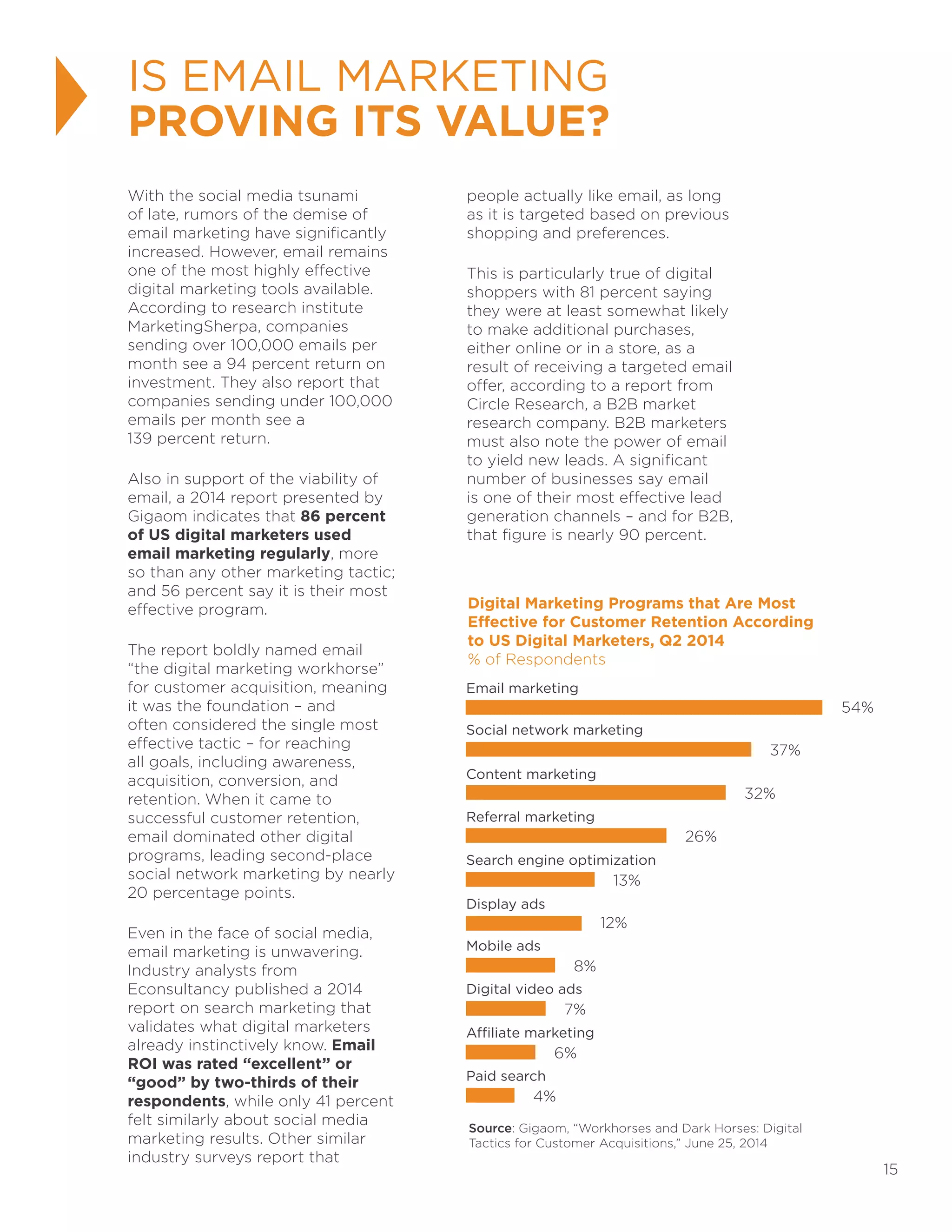 15
IS EMAIL MARKETING
PROVING ITS VALUE?
With the social media tsunami
of late, rumors of the demise of
email marketing have significantly
increased. However, email remains
one of the most highly effective
digital marketing tools available.
According to research institute
MarketingSherpa, companies
sending over 100,000 emails per
month see a 94 percent return on
investment. They also report that
companies sending under 100,000
emails per month see a
139 percent return.
Also in support of the viability of
email, a 2014 report presented by
Gigaom indicates that 86 percent
of US digital marketers used
email marketing regularly, more
so than any other marketing tactic;
and 56 percent say it is their most
effective program.
The report boldly named email
“the digital marketing workhorse”
for customer acquisition, meaning
it was the foundation – and
often considered the single most
effective tactic – for reaching
all goals, including awareness,
acquisition, conversion, and
retention. When it came to
successful customer retention,
email dominated other digital
programs, leading second-place
social network marketing by nearly
20 percentage points.
Even in the face of social media,
email marketing is unwavering.
Industry analysts from
Econsultancy published a 2014
report on search marketing that
validates what digital marketers
already instinctively know. Email
ROI was rated “excellent” or
“good” by two-thirds of their
respondents, while only 41 percent
felt similarly about social media
marketing results. Other similar
industry surveys report that
people actually like email, as long
as it is targeted based on previous
shopping and preferences.
This is particularly true of digital
shoppers with 81 percent saying
they were at least somewhat likely
to make additional purchases,
either online or in a store, as a
result of receiving a targeted email
offer, according to a report from
Circle Research, a B2B market
research company. B2B marketers
must also note the power of email
to yield new leads. A significant
number of businesses say email
is one of their most effective lead
generation channels – and for B2B,
that figure is nearly 90 percent.
Digital Marketing Programs that Are Most
Effective for Customer Retention According
to US Digital Marketers, Q2 2014
% of Respondents
Email marketing
54%
Social network marketing
37%
Content marketing
Referral marketing
Search engine optimization
Display ads
Mobile ads
Digital video ads
Affiliate marketing
Paid search
Source: Gigaom, “Workhorses and Dark Horses: Digital
Tactics for Customer Acquisitions,” June 25, 2014
32%
26%
13%
12%
8%
7%
6%
4%
 