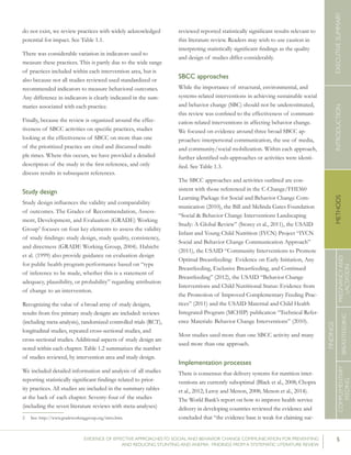 5EVIDENCE OF EFFECTIVE APPROACHES TO SOCIAL AND BEHAVIOR CHANGE COMMUNICATION FOR PREVENTING
AND REDUCING STUNTING AND ANEMIA: FINDINGS FROM A SYSTEMATIC LITERATURE REVIEW
INTRODUCTIONMETHODSEXECUTIVESUMMARY
FINDINGS
COMPLEMENTARY
FEEDING
BREASTFEEDING
PREGNANCYAND
LACTATION
do not exist, we review practices with widely acknowledged
potential for impact. See Table 1.1.
There was considerable variation in indicators used to
measure these practices. This is partly due to the wide range
of practices included within each intervention area, but is
also because not all studies reviewed used standardized or
recommended indicators to measure behavioral outcomes.
Any difference in indicators is clearly indicated in the sum-
maries associated with each practice.
Finally, because the review is organized around the effec-
tiveness of SBCC activities on specific practices, studies
looking at the effectiveness of SBCC on more than one
of the prioritized practice are cited and discussed multi-
ple times. Where this occurs, we have provided a detailed
description of the study in the first reference, and only
discuss results in subsequent references.
Study design
Study design influences the validity and comparability
of outcomes. The Grades of Recommendation, Assess-
ment, Development, and Evaluation (GRADE) Working
Group2
focuses on four key elements to assess the validity
of study findings: study design, study quality, consistency,
and directness (GRADE Working Group, 2004). Habicht
et al. (1999) also provide guidance on evaluation design
for public health program performance based on “type
of inference to be made, whether this is a statement of
adequacy, plausibility, or probability” regarding attribution
of change to an intervention.
Recognizing the value of a broad array of study designs,
results from five primary study designs are included: reviews
(including meta-analysis), randomized controlled trials (RCT),
longitudinal studies, repeated cross-sectional studies, and
cross-sectional studies. Additional aspects of study design are
noted within each chapter. Table 1.2 summarizes the number
of studies reviewed, by intervention area and study design.
We included detailed information and analysis of all studies
reporting statistically significant findings related to prior-
ity practices. All studies are included in the summary tables
at the back of each chapter. Seventy-four of the studies
(including the seven literature reviews with meta-analyses)
2 	 See: http://www.gradeworkinggroup.org/intro.htm.	
reviewed reported statistically significant results relevant to
this literature review. Readers may wish to use caution in
interpreting statistically significant findings as the quality
and design of studies differ considerably.
SBCC approaches
While the importance of structural, environmental, and
systems-related interventions in achieving sustainable social
and behavior change (SBC) should not be underestimated,
this review was confined to the effectiveness of communi-
cation-related interventions in affecting behavior change.
We focused on evidence around three broad SBCC ap-
proaches: interpersonal communication, the use of media,
and community/social mobilization. Within each approach,
further identified sub-approaches or activities were identi-
fied. See Table 1.3.
The SBCC approaches and activities outlined are con-
sistent with those referenced in the C-Change/FHI360
Learning Package for Social and Behavior Change Com-
munication (2010), the Bill and Melinda Gates Foundation
“Social & Behavior Change Interventions Landscaping
Study: A Global Review” (Storey et al., 2011), the USAID
Infant and Young Child Nutrition (IYCN) Project “IYCN
Social and Behavior Change Communication Approach”
(2011), the USAID “Community Interventions to Promote
Optimal Breastfeeding: Evidence on Early Initiation, Any
Breastfeeding, Exclusive Breastfeeding, and Continued
Breastfeeding” (2012), the USAID “Behavior Change
Interventions and Child Nutritional Status: Evidence from
the Promotion of Improved Complementary Feeding Prac-
tices” (2011) and the USAID Maternal and Child Health
Integrated Program (MCHIP) publication “Technical Refer-
ence Materials: Behavior Change Interventions” (2010).
Most studies used more than one SBCC activity and many
used more than one approach.
Implementation processes
There is consensus that delivery systems for nutrition inter-
ventions are currently suboptimal (Black et al., 2008; Chopra
et al., 2012; Leroy and Menon, 2008; Menon et al., 2014).
The World Bank’s report on how to improve health service
delivery in developing countries reviewed the evidence and
concluded that “the evidence base is weak for claiming suc-
 