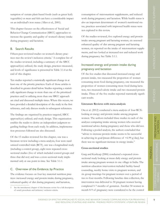 9EVIDENCE OF EFFECTIVE APPROACHES TO SOCIAL AND BEHAVIOR CHANGE COMMUNICATION FOR PREVENTING
AND REDUCING STUNTING AND ANEMIA: FINDINGS FROM A SYSTEMATIC LITERATURE REVIEW
INTRODUCTIONMETHODSEXECUTIVESUMMARY
FINDINGS
COMPLEMENTARY
FEEDING
BREASTFEEDING
PREGNANCYAND
LACTATION
sumption of certain plant-based foods (such as green leafy
vegetables) or meat and fish can have a considerable impact
on an individual’s iron status (Allen et al., 2001).
This chapter focuses on the effectiveness of Social and
Behavior Change Communication (SBCC) approaches to
increase the quantity and quality of women’s dietary intake
during pregnancy and lactation.
B.	 Search Results
Fifteen peer-reviewed studies on women’s dietary prac-
tices met the review’s inclusion criteria.5
A complete list of
the studies reviewed, including a summary of the SBCC
approach(es) utilized, the study design, practices measured,
and levels of significance is presented in Table 3.1.4 at the
end of this chapter.
Ten studies reported a statistically significant change in at
least one of the priority practices. Each of those articles is
described in greater detail below. Studies reporting a statisti-
cally significant change in more than one of the prioritized
practices and/or utilizing more than one SBCC approach
are cited and discussed multiple times. Where this occurs, we
have provided a detailed description of the study in the first
reference, and only discuss results in subsequent references.
The findings are organized by practices targeted, SBCC
approach(es) utilized, and study design. This organization
enables the reader to derive an independent judgment re-
garding findings from each study. In addition, implementa-
tion processes followed are also discussed.
Of the 15 studies reviewed for this chapter, one was a
literature review including a meta-analysis, four were rand-
omized controlled trials (RCT), one was a longitudinal study
(including a control group), eight were repeated cross-
sectional studies (five of which included control groups and
three that did not) and was a cross-sectional study imple-
mented only at one point in time. See Table 3.1.1.
C.	 Overview of the Evidence, by Practice
The evidence focuses on four key maternal nutrition prac-
tices: increased energy and protein intake during pregnancy,
enhanced quality of diet during pregnancy and lactation,
5 	 See the introductory chapter of this literature review for a full description
of search procedures and inclusion/ exclusion criteria.
consumption of micronutrient supplements, and reduced
work during pregnancy and lactation. While health status is
also an important determinant of women’s nutritional sta-
tus, practices associated with improved health status were
not explored in this review.
Of the studies reviewed, five explored energy and protein
intake among pregnant and lactating women, six assessed
enhanced quality of diet among pregnant and lactating
women, six reported on the intake of micronutrient supple-
ments, and two looked at increased rest and reduced work
during pregnancy. See Table 3.1.1.
Increased energy and protein intake during
pregnancy and lactation
Of the five studies that discussed increased energy and
protein intake, two measured the proportion of women
consuming more food during pregnancy, one measured the
proportion of women consuming more food during lacta-
tion, two measured caloric intake and two measured protein
intake. Three of the five studies reported statistically signifi-
cant results.
Literature Reviews with meta-analysis
Ota et al. (2012) conducted a meta-analysis of four RCTs
looking at energy and protein intake among pregnant
women. The authors included three studies in each of the
analyses comparing intake among women who received
nutritional advice during pregnancy and those who did not.
Following a pooled analysis, the authors concluded that
“advice to increase protein intake seems to be successful
in achieving its goal [mean difference of +6.99 g/day], but
there was no significant increase in energy intake.”
Cross-sectional studies
Garg and Kashyap (2006) conducted a repeated cross-
sectional study looking at mean daily energy and protein
intake among pregnant women in one village in India. The
nutrition education intervention included facility-based
counseling, weekly home visits to pregnant women, and
six group meetings for pregnant women over a period of
two to four months. Following baseline data collection, the
intervention was delivered to 50 pregnant women having
completed 5-7 months of gestation. Another 50 women in
month 8-9 of pregnancy were considered to be the control
 