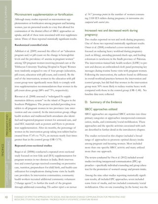 12 	 EVIDENCE OF EFFECTIVE APPROACHES TO SOCIAL AND BEHAVIOR CHANGE COMMUNICATION FOR PREVENTING AND
REDUCING STUNTING AND ANEMIA: FINDINGS FROM A SYSTEMATIC LITERATURE REVIEW
INTRODUCTIONMETHODSEXECUTIVESUMMARY
FINDINGS
COMPLEMENTARY
FEEDING
BREASTFEEDING
PREGNANCYAND
LACTATION
Micronutrient supplementation or fortification
Although many studies reported on micronutrient sup-
plementation or fortification among pregnant and lactating
women, just six presented results in a way that allowed for
examination of the distinct effect of SBCC approaches on
uptake, and all of these were associated with iron supplemen-
tation. Three of these reported statistically significant results.  
Randomized controlled trials
Adhikari et al. (2009) assessed the effect of an “education
program and/or pill count on the change in hemoglobin
levels and the prevalence of anemia in pregnant women”
among 320 pregnant women receiving prenatal care at the
Tribhuvan University Teaching Hospital in Nepal. Women
were randomly assigned to one of four groups (education,
pill count, education with pill count, and control). By the
end of the intervention, women in the education with pill
count group were significantly more likely to comply with
iron supplementation recommendations than women in the
pill count alone group (88% and 73%, respectively).
Risonar et al. (2008) assessed a “redesigned Fe supple-
mentation delivery system” on the island of Negros in the
Southern Philippines. The project included providing iron
tablets to all pregnant women in two provinces (one inter-
vention and one control). In the intervention group, village
health workers and traditional birth attendants also identi-
fied and registered pregnant women for antenatal care, and
used IEC materials such as posters and flyers to promote
iron supplementation. After six months, the percentage of
women in the intervention group taking iron tablets had in-
creased from 57.4% to 79.2%, an increase nearly four times
greater than in the control group (OR=3.79).
Repeated cross-sectional studies
Baqui et al. (2008b) conducted a repeated cross-sectional
study focused on iron folic acid (IFA) supplementation for
pregnant women in two districts in India. Both interven-
tion and control groups received counseling on preventive
care, nutrition, preparedness for child birth, and health-care
utilization for complications during home visits by health
care providers. In intervention communities, community
health workers recruited additional community volunteers
(“change agents”) to further the reach of the program
through additional counseling. The authors report a net increase
of 14.7 percentage points in the number of women consum-
ing ≥100 IFA tablets during pregnancy in intervention sites
compared with control sites.
Increased rest and decreased work during
pregnancy
Two studies reported on rest and work during pregnancy.
One of those two reported statistically significant results.
Omer et al. (2008) conducted a cross-sectional study
focused on reducing heavy workload during pregnancy
(such as lifting), attending prenatal check-ups, and feeding
colostrum to newborns in the Sindh province of Pakistan.
The intervention trained lady health workers (LHW) to pre-
sent and discuss an embroidered cloth panel portraying key
messages during routine home visits with pregnant women.
Following the intervention, the authors found no difference
in overall workload practices between the intervention and
control groups, but did find that women in the intervention
group were 50% more likely to reduce routine heavy work
compared with those in the control group (OR=1.48).  No
baseline data were collected.
D.	 Summary of the Evidence
SBCC approaches utilized
SBCC approaches are organized SBCC activities into three
primary categories or approaches: interpersonal communi-
cation, media, and community/social mobilization. These
approaches and the specific activities associated with each
are described in further detail in the introductory chapter.
The studies reviewed in this chapter included a broad
range of approaches to promote optimal dietary intake
among pregnant and lactating women. Most included
more than one specific SBCC activity and many utilized
more than one approach.
The review conducted by Ota et al. (2012) included several
studies involving interpersonal communication (IPC) ap-
proaches – specifically individual counseling and group educa-
tion for the promotion of women’s energy and protein intake.
Among the nine other studies reporting statistically signifi-
cant results, all included IPC approaches, seven included
some form of media, and two included community/social
mobilization. One-on-one counseling (in the home) was the
 