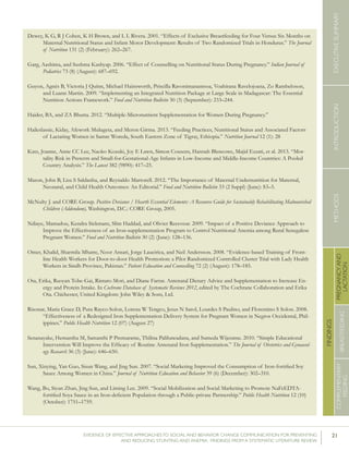21EVIDENCE OF EFFECTIVE APPROACHES TO SOCIAL AND BEHAVIOR CHANGE COMMUNICATION FOR PREVENTING
AND REDUCING STUNTING AND ANEMIA: FINDINGS FROM A SYSTEMATIC LITERATURE REVIEW
INTRODUCTIONMETHODSEXECUTIVESUMMARY
FINDINGS
COMPLEMENTARY
FEEDING
BREASTFEEDING
PREGNANCYAND
LACTATION
Dewey, K G, R J Cohen, K H Brown, and L L Rivera. 2001. “Effects of Exclusive Breastfeeding for Four Versus Six Months on
Maternal Nutritional Status and Infant Motor Development: Results of Two Randomized Trials in Honduras.” The Journal
of Nutrition 131 (2) (February): 262–267.
Garg, Aashima, and Sushma Kashyap. 2006. “Effect of Counselling on Nutritional Status During Pregnancy.” Indian Journal of
Pediatrics 73 (8) (August): 687–692.
Guyon, Agnès B, Victoria J Quinn, Michael Hainsworth, Priscilla Ravonimanantsoa, Voahirana Ravelojoana, Zo Rambeloson,
and Luann Martin. 2009. “Implementing an Integrated Nutrition Package at Large Scale in Madagascar: The Essential
Nutrition Actions Framework.” Food and Nutrition Bulletin 30 (3) (September): 233–244.
Haider, BA, and ZA Bhutta. 2012. “Multiple-Micronutrient Supplementation for Women During Pregnancy.”
Haileslassie, Kiday, Afework Mulugeta, and Meron Girma. 2013. “Feeding Practices, Nutritional Status and Associated Factors
of Lactating Women in Samre Woreda, South Eastern Zone of Tigray, Ethiopia.” Nutrition Journal 12 (1): 28
Katz, Joanne, Anne CC Lee, Naoko Kozuki, Joy E Lawn, Simon Cousens, Hannah Blencowe, Majid Ezzati, et al. 2013. “Mor-
tality Risk in Preterm and Small-for-Gestational-Age Infants in Low-Income and Middle-Income Countries: A Pooled
Country Analysis.” The Lancet 382 (9890): 417–25.
Mason, John B, Lisa S Saldanha, and Reynaldo Martorell. 2012. “The Importance of Maternal Undernutrition for Maternal,
Neonatal, and Child Health Outcomes: An Editorial.” Food and Nutrition Bulletin 33 (2 Suppl) (June): S3–5.
McNulty J. and CORE Group. Positive Deviance / Hearth Essential Elements: A Resource Guide for Sustainably Rehabilitating Malnourished
Children (Addendum), Washington, D.C.: CORE Group, 2005.
Ndiaye, Mamadou, Kendra Siekmans, Slim Haddad, and Olivier Receveur. 2009. “Impact of a Positive Deviance Approach to
Improve the Effectiveness of an Iron-supplementation Program to Control Nutritional Anemia among Rural Senegalese
Pregnant Women.” Food and Nutrition Bulletin 30 (2) (June): 128–136.
Omer, Khalid, Sharmila Mhatre, Noor Ansari, Jorge Laucirica, and Neil Andersson. 2008. “Evidence-based Training of Front-
line Health Workers for Door-to-door Health Promotion: a Pilot Randomized Controlled Cluster Trial with Lady Health
Workers in Sindh Province, Pakistan.” Patient Education and Counselling 72 (2) (August): 178–185.
Ota, Erika, Ruoyan Tobe-Gai, Rintaro Mori, and Diane Farrar. Antenatal Dietary Advice and Supplementation to Increase En-
ergy and Protein Intake. In Cochrane Database of Systematic Reviews 2012, edited by The Cochrane Collaboration and Erika
Ota. Chichester, United Kingdom: John Wiley & Sons, Ltd.
Risonar, Maria Grace D, Pura Rayco-Solon, Lorena W Tengco, Jesus N Sarol, Lourdes S Paulino, and Florentino S Solon. 2008.
“Effectiveness of a Redesigned Iron Supplementation Delivery System for Pregnant Women in Negros Occidental, Phil-
ippines.” Public Health Nutrition 12 (07) (August 27)
Senanayake, Hemantha M, Samanthi P Premaratne, Thilina Palihawadana, and Sumeda Wijeratne. 2010. “Simple Educational
Intervention Will Improve the Efficacy of Routine Antenatal Iron Supplementation.” The Journal of Obstetrics and Gynaecol-
ogy Research 36 (3) (June): 646–650.
Sun, Xinying, Yan Guo, Sisun Wang, and Jing Sun. 2007. “Social Marketing Improved the Consumption of Iron-fortified Soy
Sauce Among Women in China.” Journal of Nutrition Education and Behavior 39 (6) (December): 302–310.
Wang, Bo, Siyan Zhan, Jing Sun, and Liming Lee. 2009. “Social Mobilization and Social Marketing to Promote NaFeEDTA-
fortified Soya Sauce in an Iron-deficient Population through a Public-private Partnership.” Public Health Nutrition 12 (10)
(October): 1751–1759.
 