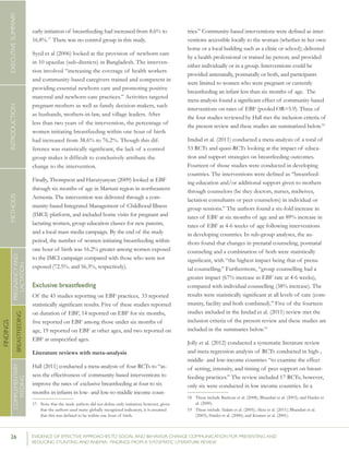 26 	 EVIDENCE OF EFFECTIVE APPROACHES TO SOCIAL AND BEHAVIOR CHANGE COMMUNICATION FOR PREVENTING AND
REDUCING STUNTING AND ANEMIA: FINDINGS FROM A SYSTEMATIC LITERATURE REVIEW
INTRODUCTIONMETHODSEXECUTIVESUMMARY
FINDINGS
COMPLEMENTARY
FEEDING
BREASTFEEDING
PREGNANCYAND
LACTATION
early initiation of breastfeeding had increased from 8.6% to
16.8%.17
There was no control group in this study.
Syed et al (2006) looked at the provision of newborn care
in 10 upazilas (sub-districts) in Bangladesh. The interven-
tion involved “increasing the coverage of health workers
and community-based caregivers trained and competent in
providing essential newborn care and promoting positive
maternal and newborn-care practices.” Activities targeted
pregnant mothers as well as family decision-makers, such
as husbands, mothers-in-law, and village leaders. After
less than two years of the intervention, the percentage of
women initiating breastfeeding within one hour of birth
had increased from 38.6% to 76.2%. Though this dif-
ference was statistically significant, the lack of a control
group makes it difficult to conclusively attribute the
change to the intervention.
Finally, Thompson and Harutyunyan (2009) looked at EBF
through six months of age in Martuni region in northeastern
Armenia. The intervention was delivered through a com-
munity-based Integrated Management of Childhood Illness
(IMCI) platform, and included home visits for pregnant and
lactating women, group education classes for new parents,
and a local mass media campaign. By the end of the study
period, the number of women initiating breastfeeding within
one hour of birth was 16.2% greater among women exposed
to the IMCI campaign compared with those who were not
exposed (72.5%. and 56.3%, respectively).
Exclusive breastfeeding
Of the 45 studies reporting on EBF practices, 33 reported
statistically significant results. Five of these studies reported
on duration of EBF, 14 reported on EBF for six months,
five reported on EBF among those under six months of
age, 19 reported on EBF at other ages, and two reported on
EBF at unspecified ages.
Literature reviews with meta-analysis
Hall (2011) conducted a meta-analysis of four RCTs to “as-
sess the effectiveness of community-based interventions to
improve the rates of exclusive breastfeeding at four to six
months in infants in low- and low-to-middle income coun-
17	 Note that the study authors did not define early initiation; however, given
that the authors used many globally recognized indicators, it is assumed
that this was defined to be within one hour of birth.
tries.” Community-based interventions were defined as inter-
ventions accessible locally to the woman (whether in her own
home or a local building such as a clinic or school); delivered
by a health professional or trained lay person; and provided
either individually or in a group. Interventions could be
provided antenatally, postnatally or both, and participants
were limited to women who were pregnant or currently
breastfeeding an infant less than six months of age. The
meta-analysis found a significant effect of community-based
interventions on rates of EBF (pooled OR=5.9). Three of
the four studies reviewed by Hall met the inclusion criteria of
the present review and these studies are summarized below.18
Imdad et al. (2011) conducted a meta-analysis of a total of
53 RCTs and quasi-RCTs looking at the impact of educa-
tion and support strategies on breastfeeding outcomes.
Fourteen of those studies were conducted in developing
countries. The interventions were defined as “breastfeed-
ing education and/or additional support given to mothers
through counselors (be they doctors, nurses, midwives,
lactation consultants or peer counselors) in individual or
group sessions.” The authors found a six-fold increase in
rates of EBF at six months of age and an 89% increase in
rates of EBF at 4-6 weeks of age following interventions
in developing countries. In sub-group analyses, the au-
thors found that changes in prenatal counseling, postnatal
counseling and a combination of both were statistically
significant, with “the highest impact being that of prena-
tal counselling.” Furthermore, “group counselling had a
greater impact (67% increase in EBF rate at 4-6 weeks),
compared with individual counselling (38% increase). The
results were statistically significant at all levels of care (com-
munity, facility and both combined).” Five of the fourteen
studies included in the Imdad et al. (2011) review met the
inclusion criteria of the present review and these studies are
included in the summaries below.19
Jolly et al. (2012) conducted a systematic literature review
and meta-regression analysis of RCTs conducted in high-,
middle- and low-income countries “to examine the effect
of setting, intensity, and timing of peer support on breast-
feeding practices.” The review included 17 RCTs; however,
only six were conducted in low income countries. In a
18	 These include Bashour et al. (2008); Bhandari et al. (2003); and Haider et
al. (2000).
19	 These include Aidam et al. (2005); Aksu et al. (2011); Bhandari et al.
(2003); Haider et al. (2000); and Kramer et al. (2001).
 