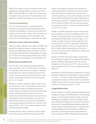 32 	 EVIDENCE OF EFFECTIVE APPROACHES TO SOCIAL AND BEHAVIOR CHANGE COMMUNICATION FOR PREVENTING AND
REDUCING STUNTING AND ANEMIA: FINDINGS FROM A SYSTEMATIC LITERATURE REVIEW
INTRODUCTIONMETHODSEXECUTIVESUMMARY
FINDINGS
COMPLEMENTARY
FEEDING
BREASTFEEDING
PREGNANCYAND
LACTATION
AOR=12.52). Finally, those who consulted a health worker
regarding breastfeeding problems were also more likely to
EBF at six months (OR=4.97, AOR=13.11). However, the
retrospective nature and the lack of randomization make it
impossible to attribute these differences to the intervention.
Continued breastfeeding
Of the 16 studies reporting on continued breastfeed-
ing practices, nine reported statistically significant results.
Continued breastfeeding was measured at six months (two
studies), at 12 months (four studies), and at 24 months (one
study). Statistically significant results with regard to the
duration of any breastfeeding were reported in two studies.
Literature reviews with meta-analysis
Imdad et al. (2011) conducted a meta-analysis of 53 RCTs and
quasi-RCTs looking at the impact of education and support
strategies on breastfeeding outcomes. The authors reviewed
twenty studies which reported on breastfeeding at six months,
two of which were from developing countries. They found a
12% increase in any breastfeeding at six months (RR =1.12).
Randomized controlled trials
Six of the nine studies reporting statistically significant
results were RCTs. Aksu et al. (2011) looked at the impact
of both facility and home-based counseling on continued
breastfeeding rates in Turkey. Following the intervention,
women in the intervention group breastfed for an average
of three months longer than those in the control group
(15.1 vs. 12.1 months).
Bhandari et al. (2001) conducted an RCT in which women
were randomized to one of four groups: the first received
a micronutrient-fortified food supplement along with
monthly nutrition counseling, the second received monthly
nutrition counseling alone, the third received a twice-
weekly home visit, and the fourth received no intervention.
Following intervention, breastfeeding at 12 months was
actually lower among those who received the supplement
and counseling compared with those who received no inter-
vention (83.9% vs. 96.7%). The authors reported no other
statistically significant findings.
Bortolini and Vitolo (2012) conducted a study of infants
born in Rio Grande do Sul, Brazil. Newborns and their
mothers were randomly assigned to the intervention or
control group. Women in the intervention group received
home visits during the children’s first year of life once a
month through the age of six months, and then every other
month until the child reached 12 months. Following the in-
tervention, the proportion of children breastfed at both six
and 12 months was higher in the intervention group than
the control group (66.3% vs. 55.6% at 6 months and 52.8%
vs. 41.9% at 12 months).
Guldan et al. (2000) looked at the impact of home-based
peer counseling on continued breastfeeding practices. Fol-
lowing a year-long intervention, the percentage of women
reporting breastfeeding infants between the ages of 4-12
months was higher in the intervention group than in the
control group (83% and 75%, respectively). The findings
were statistically significant; however, as noted before, the
lack of baseline and/or randomization of the interven-
tion and control groups makes attribution of change to the
intervention challenging.
Kramer et al. (2001) looked at the impact of facility and
lay counseling and small media on continued breastfeeding
practices in Belarus. Following the intervention, breast-
feeding rates at 12 months were 19.7% in the intervention
group compared with 11.4% in the control group (adjusted
OR=0.47).
Kupratakul et al. (2010) found that the proportion of women
practicing “predominant” breastfeeding at 6 months, defined
as “infants … fed with the mothers’ breast milk and water,
sweetened water and juices without formula” was significant-
ly higher among women in the intervention group compared
with those in control group (40.0% vs. 5.3%).
Longitudinal studies
Duyan Camurdan et al. (2007) conducted a longitudinal study
looking at the impact of the BFHI initiative on breastfeeding
practices in Gazi University Hospital in Turkey. All women
delivering in the hospital were invited to participate in peri-
odic well-child visits. During each visit, providers reinforced
the benefits of breastfeeding and provided counseling. The
average duration of breastfeeding was 21.17 months among
women giving birth after the introduction of BFHI, com-
pared with 17.83 months among those giving birth prior
to the introduction of BFHI. Following regression analysis
 