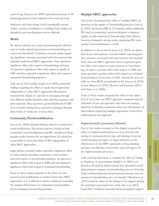 35EVIDENCE OF EFFECTIVE APPROACHES TO SOCIAL AND BEHAVIOR CHANGE COMMUNICATION FOR PREVENTING
AND REDUCING STUNTING AND ANEMIA: FINDINGS FROM A SYSTEMATIC LITERATURE REVIEW
INTRODUCTIONMETHODSEXECUTIVESUMMARY
FINDINGS
COMPLEMENTARY
FEEDING
BREASTFEEDING
PREGNANCYAND
LACTATION
years of age, Guyon et al. (2009) reported an increase of 30
percentage points in their repeated cross-sectional study.
Indicators and study design varied considerably among
studies, making consolidation of findings from studies not
included in previous literature reviews difficult.
Media
We did not identify any reviews documenting the effective-
ness of media-related interventions on breastfeeding out-
comes, but did identify 19 primary research studies report-
ing significant outcomes associated with interventions that
included media-based SBCC approaches. Nine reported a
significant effect with respect to breastfeeding initiation,
13 reported a significant effect with respect to uptake of
EBF, and three reported a significant effect with respect to
continued breastfeeding practices.
Only one of these studies, Gupta et al. (2004), presented
findings regarding the effect of media-based approaches
independent of other SBCC approaches. Researchers
measured the impact of exposure to messaging through
four different media channels: radio, television, posters, and
print materials. They reported a greater likelihood of EBF
for six months among those exposed to messages through
these forms of media two or more times.
Community/Social mobilization
Lassi et al., (2010) included findings related to community/
social mobilization. The review, however, looked at both
community/social mobilization and IPC, and did not disag-
gregate results between the two approaches. It is therefore
not possible to assess the effect of IPC independent of
other SBCC approaches.
Eight primary research studies reported a significant effect
of interventions including community/social mobiliza-
tion with respect to breastfeeding initiation, six reported a
significant effect with respect to EBF, and one reported a
significant effect with respect to continued breastfeeding.
None of these studies reported on the effect of com-
munity/social mobilization in isolation from other SBCC
approaches, so it is difficult to derive conclusions regarding
the singular effectiveness of community/social mobiliza-
tion in changing breastfeeding practices.
Multiple SBCC approaches
One review documented the effect of multiple SBCC ap-
proaches on the uptake of breastfeeding practices. Lassi et
al. (2010) reported an RR of 1.94 among studies employing
IPC and/or community/social mobilization to improve
uptake of early initiation of breastfeeding. They did not,
however, distinguish among studies employing IPC, com-
munity/social mobilization, or both.
In addition to the review by Lassi et al. (2010), we identi-
fied twenty-three primary research studies reporting posi-
tive outcomes associated with interventions that included
more than one SBCC approach. Eleven reported a posi-
tive effect with respect to early initiation of breastfeed-
ing, 15 report a positive effect with respect to EBF, and
three reported a positive effect with respect to continued
breastfeeding at six months or older. Among the most no-
table are three RCTs not included in the Lassi et al. (2010)
review: Bang et al. (2005); Morrow and Guerrero (2001);
and Omer et al. (2008).
None of these studies measured the effect of the utiliza-
tion of more than one SBCC approach compared with the
utilization of just one approach. One must use caution,
therefore, in drawing conclusions about the effectiveness of
interventions employing multiple approaches versus those
employing just one approach.
Implementation processes followed
Few of the studies reviewed in this chapter assessed the
effect of implementation processes (e.g. intensity and
timing of communications; type and training of person
communicating messages, or target audience) on the
effectiveness of the SBCC approach on breastfeeding
practices, nor did they consistently report all aspects of
the implementation processes.
Little work has been done to compare the effect of timing
or frequency of interventions. Imdad et al. (2011) con-
ducted a sub-analysis which showed that “prenatal counsel-
ling had greater impacts on breastfeeding rates at 4-6 weeks,
while combined prenatal and postnatal promotion were im-
portant for breastfeeding rates at 6 months.” Renfrew et al.
(2012) found no effect of the timing of the support (during
the antenatal or postnatal visit), while Jolly et al. (2012)
found that “combined antenatal and postnatal peer support
 