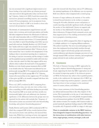 36 	 EVIDENCE OF EFFECTIVE APPROACHES TO SOCIAL AND BEHAVIOR CHANGE COMMUNICATION FOR PREVENTING AND
REDUCING STUNTING AND ANEMIA: FINDINGS FROM A SYSTEMATIC LITERATURE REVIEW
INTRODUCTIONMETHODSEXECUTIVESUMMARY
FINDINGS
COMPLEMENTARY
FEEDING
BREASTFEEDING
PREGNANCYAND
LACTATION
was not associated with a significant improvement in not
breast feeding at last study follow-up, whereas postnatal
only interventions did significantly reduce not breast feed-
ing.” Likewise, Aidam et al. (2005) found that women who
received two prenatal counselling sessions, one counseling
session 48 hours postpartum, and six postpartum home
visits were just as likely to EBF at six months as those who
received only postpartum counselling.
The intensity of communications ranged between one and
twenty visits or sessions, and several meta-analyses and studies
did make comparisons between the effectiveness of interven-
tions with varied intensities. Jolly et al. (2012) found that wom-
en in the more intensive interventions (≥5 contacts planned)
were more likely to report breastfeeding at last follow-up com-
pared with usual care. Similarly, Renfrew et al. (2012) found
that “studies with four to eight visits seemed to be associated
with a more pronounced treatment effect.” However, the au-
thors warned that “care is needed in the interpretation of this
finding as there is inconsistent reporting due to variations in
the timing of outcome assessments, and the settings of studies
and the population groups included in studies with more face-
to-face visits also varied. It is likely that support will be most
effective when it reflects the local needs of the population.”
Renfrew et al. also found a greater treatment effect on EBF
at six months when the “intervention was delivered by non-
professionals (average RR=0.74) compared with professionals
(average RR=0.93) or both (average RR=0.76).” Likewise,
women who received face-to-face support were 19% less likely
to have given up EBF at six months compared with those who
did not (average RR=0.81).
Piwoz et al. (2007) conducted an RCT comparing those
who received no visits, one visit, two visits or three visits
when counselling on HIV and infant feeding was provided.
They found that EBF at six weeks and three months was
incrementally higher with each additional visit. Statistical
significance of the differences between the groups were not
reported, but the authors did conclude that “frequency of
intervention contact was associated with safer breastfeeding
knowledge and exclusive breastfeeding practices.”
Finally, Morrow and Guerrero (2001) conducted an RCT in
which they compared EBF at three months between those
who received six home visits and those who received three
home visits. While those receiving six home visits appeared
to be more likely to EBF at three months than their counter-
parts who received only three home visits (a 15% difference),
the statistical significance of the difference was not reported.
Both were effective when compared with a control group.
In terms of target audiences, the majority of the studies
reviewed focused attention on the mother or caregiver.
Among the 48 studies (literature reviews and primary re-
search) reporting statistically significant results, all targeted
the mother of the child herself. Twenty-six targeted only
the mother of the child herself. Fourteen also targeted
direct influencers, 18 targeted local community actors, and
three targeted actors of the enabling environment in addi-
tion to pregnant or lactating women.
Only Lassi et al. (2010) compared the effect of targeting one
vs. multiple audiences or of targeting different audiences.
The authors found that “the most successful packages were
those that emphasized involving family members through
community support and advocacy groups and community/
social mobilization and education strategies, provision of care
through trained CHWs via home visitation, and strengthened
proper referrals for sick mothers and newborns.”
E.	 Conclusions
The body of literature focusing on SBCC approaches be-
ing used to improve breastfeeding practices is strong and
broad, supporting the claim that SBCC approaches can and
do succeed in improving uptake of the behaviors promot-
ed. While the literature may reflect a bias to publish positive
results, it also underscores the important role of SBCC ap-
proaches in improving nutrition practices – practices which
have been shown to have an impact on the nutritional
status of women, infants, and children.
There is more consistency in how breastfeeding practices
are defined and measured than in the other chapters of this
review. This is particularly so in the case of early initiation of
breastfeeding. However, even with globally-recognized indica-
tors and measurement guidance from the WHO, consider-
able variation remains. For example, while fourteen studies re-
ported statistically significant findings related to EBF children
six months old, 19 reported on EBF at a range of other ages.
There is considerable variation in the SBCC interven-
tions designed to improve breastfeeding practices – in
the interactions or combinations with other interven-
tions, target groups, content, messages, scale and
 