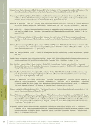 58 	 EVIDENCE OF EFFECTIVE APPROACHES TO SOCIAL AND BEHAVIOR CHANGE COMMUNICATION FOR PREVENTING AND
REDUCING STUNTING AND ANEMIA: FINDINGS FROM A SYSTEMATIC LITERATURE REVIEW
INTRODUCTIONMETHODSEXECUTIVESUMMARY
FINDINGS
COMPLEMENTARY
FEEDING
BREASTFEEDING
PREGNANCYAND
LACTATION
Gupta, Neeru, Charles Katende, and Ruth Bessinger. 2004. “An Evaluation of Post-campaign Knowledge and Practices of Ex-
clusive Breastfeeding in Uganda.” Journal of Health, Population, and Nutrition 22 (4) (December): 429–439.
Guyon, Agnès B, Victoria J Quinn, Michael Hainsworth, Priscilla Ravonimanantsoa, Voahirana Ravelojoana, Zo Rambeloson,
and Luann Martin. 2009. “Implementing an Integrated Nutrition Package at Large Scale in Madagascar: The Essential
Nutrition Actions Framework.” Food and Nutrition Bulletin 30 (3) (September): 233–244.
Haider, R, A Ashworth, I Kabir, and S R Huttly. 2000. “Effect of Community-based Peer Counsellors on Exclusive Breastfeed-
ing Practices in Dhaka, Bangladesh: a Randomised Controlled Trial.” The Lancet 356 (9242) (November 11): 1643–1647.
Hall, Jennifer. 2011. “Effective Community-based Interventions to Improve Exclusive Breastfeeding at Four to Six Months in
Low- and Low-middle-income Countries: a Systematic Review of Randomised Controlled Trials.” Midwifery 27 (4) (Au-
gust): 497–502.
Haque, M F, M Hussain, A Sarkar, M M Hoque, Fakir Anjuman Ara, and S Sultana. 2002. “Breast-feeding Counselling and
Its Effect on the Prevalence of Exclusive Breast-feeding.” Journal of Health, Population, and Nutrition 20 (4) (December):
312–316.
Harkins, Thomas, Christopher Drasbek, Juan Arroyo, and Michael McQuestion. 2008. “The Health Benefits of Social Mobiliza-
tion: Experiences with Community-based Integrated Management of Childhood Illness in Chao, Peru and San Luis, Hon-
duras.” Promotion & Education 15 (2) (June): 15–20.
Horta, B, R Bahl, J Martines, C Victora. “Evidence on the long-term effects of breastfeeding.” Geneva: World Health Organiza-
tion, 2007.
Imdad, Aamer, Mohammad Yawar Yakoob, and Zulfiqar A Bhutta. 2011. “Effect of Breastfeeding Promotion Interventions on
Breastfeeding Rates, with Special Focus on Developing Countries.” BMC Public Health 11 (Suppl 3): S24.
Jolly, Kate, Lucy Ingram, Khalid S Khan, Jonathan J Deeks, Nick Freemantle, and Christine MacArthur. 2012. “Systematic
Review of Peer Support for Breastfeeding Continuation: Metaregression Analysis of the Effect of Setting, Intensity, and
Timing.” BMJ (Clinical Research Ed.) 344: d8287.
Khresheh, Reham, Aida Suhaimat, Fawzia Jalamdeh, and Lesley Barclay. 2011. “The Effect of a Postnatal Education and Sup-
port Program on Breastfeeding Among Primiparous Women: A Randomized Controlled Trial.” International Journal of
Nursing Studies 48 (9) (September): 1058–1065.
Kramer, M S, B Chalmers, E D Hodnett, Z Sevkovskaya, I Dzikovich, S Shapiro, J P Collet, I Vanilovich, I Mezen, T Ducruet, G
Shishko, V Zubovich, D Mknuik, E Gluchanina, V Dombrovskiy, A Ustinovitch, T Kot, N Bogdanovich, L Ovchinikova,
E Helsing; and PROBIT Study Group. 2001. “Promotion of Breastfeeding Intervention Trial (PROBIT): a Randomized
Trial in the Republic of Belarus.” The Journal of the American Medical Association 285 (4): 413–420.
Kramer, Michael S, and Ritsuko Kakuma. 2004. “The Optimal Duration of Exclusive Breastfeeding: a Systematic Review.” Ad-
vances in Experimental Medicine and Biology 554: 63–77.
Kumar, Vishwajeet, Saroj Mohanty, Aarti Kumar, Rajendra P Misra, Mathuram Santosham, Shally Awasthi, Abdullah H Baqui,
Pramod Singh, Vivek Singh, Ramesh C Ahuja, Jai Vir Singh, Gyanendra Kumar Malik, Saifuddin Ahmed, Robert E Black,
Mahendra Bhandari, Gary L Darmstadt, for the Saksham Study Group. 2008. “Effect of Community-Based Behaviour
Change Management on Neonatal Mortality in Shivgarh, Uttar Pradesh, India: A Cluster-Randomised Controlled Trial.”
The Lancet 372 (9644): 1151–1162.
Kupratakul, Jutamart, Surasak Taneepanichskul, Nipunporn Voramongkol, and Vorapong Phupong. 2010. “A Randomized
Controlled Trial of Knowledge Sharing Practice with Empowerment Strategies in Pregnant Women to Improve Exclusive
Breastfeeding during the First Six Months Postpartum.” Journal of the Medical Association of Thailand = Chotmaihet Thang-
phaet 93 (9) (September): 1009–1018.
 