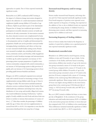 69EVIDENCE OF EFFECTIVE APPROACHES TO SOCIAL AND BEHAVIOR CHANGE COMMUNICATION FOR PREVENTING
AND REDUCING STUNTING AND ANEMIA: FINDINGS FROM A SYSTEMATIC LITERATURE REVIEW
INTRODUCTIONMETHODSEXECUTIVESUMMARY
FINDINGS
COMPLEMENTARY
FEEDING
BREASTFEEDING
PREGNANCYAND
LACTATION
approaches on uptake. Two of these reported statistically
significant results.
Bonvecchio et al. (2007) conducted an RCT looking at
the impact of a behavior change intervention designed to
improve the utilization of a multi-micronutrient nutritional
supplement (papilla) among children 6-23 months of age
in Mexico. Papilla was provided as part of the Oportunidades
Program free of charge, but conditional upon mothers’
participation in monthly education sessions on health and
nutrition in all study communities. In intervention communi-
ties, these education sessions were complemented by home
visits in which volunteers conveyed four key messages related
to the preparation and use of papilla, and demonstrated its
preparation. Health care service providers conveyed similar
messaging during consultations, and videos on these top-
ics were screened in health facility waiting rooms. Posters
were mounted in multiple sites, including health centers,
stores, community centers, and churches, while megaphones
mounted on trucks broadcast messages and announcements.
At follow up, the authors reported a net increase of 43.5
percentage points in proper preparation of papilla in inter-
vention communities compared with control communities, a
net increase of 64.4 percentage points in daily provision of
papilla, and a net increase of 61.5 percentage points in those
providing papilla between breakfast and dinner.
Dongre et al. (2011) conducted a repeated cross-sectional
study with controls focused on increasing coverage of iron
supplementation among children under the age of three in
23 villages in India. The intervention included nutritional
education sessions conducted during the Bal Suraksha Diwas
(child health day) celebration and during home visits, free
distribution of iron syrup, and monthly village-level commu-
nity/social mobilization meetings. Furthermore, “a photo-
graph of locally available iron-rich foods and citrus fruits was
shown to mothers to increase their awareness of sources of
iron. […]” After three months, the percentage of children
under the age of three who took iron supplementation in-
creased from 8.8% to 41.6%. It is important to note that this
intervention distributed the iron syrup free of charge.
Increased meal frequency and/or energy
density
Sixteen studies measured meal frequency and energy den-
sity and 12 of them reported statistically significant results.
Four broad categories of practices were reported: seven
studies reported on frequency of feeding, four reported on
the addition of fats or oils to children’s foods, two reported
on enhancing the energy density of children’s foods (i.e.
decreasing water content), and three reported on increasing
quantity fed to children at each meal.
Increasing frequency of feeding children
Seven of eleven studies that looked at the frequency or
number of meals fed to children over a specified period of
time reported statistically significant results.
Randomized controlled trials
Bhandari et al. (2004) looked at meal frequency among
children at nine and 18 months of age in India. At the
conclusion of the facility and home based counseling
intervention, children nine months of age in the interven-
tion group consumed a mean of 4.4 meals in the previ-
ous 24 hours, compared with a mean of 3.9 meals in the
control group, while children 18 months of age in the
intervention group consumed a mean of 5.9 meals in the
previous 24 hours, compared with a mean of 5.4 among
children in the control group. Both differences were
statistically significant. Mean energy intake in the previous
24 hours was higher among children in the intervention
group than in the control group (1556 kilojoule (kJ) of
energy vs. 1025 kJ among 9 month olds, and 3807 kJ vs.
2577 kJ among 18 month olds).
Roy et al. (2007) looked at children fed three or more times
per day in Bangladesh. At the conclusion of the group
education and small media intervention, 83.8% of children
in the intervention group were fed three or more times per
day compared with 19.4% of children in the control group.
These differences remained statistically significant at follow
up six months later (88.5% vs. 24.5% respectively).
 