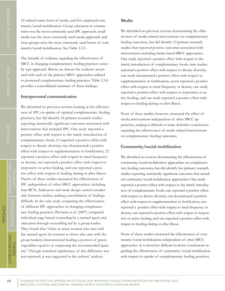 74 	 EVIDENCE OF EFFECTIVE APPROACHES TO SOCIAL AND BEHAVIOR CHANGE COMMUNICATION FOR PREVENTING AND
REDUCING STUNTING AND ANEMIA: FINDINGS FROM A SYSTEMATIC LITERATURE REVIEW
INTRODUCTIONMETHODSEXECUTIVESUMMARY
FINDINGS
COMPLEMENTARY
FEEDING
BREASTFEEDING
PREGNANCYAND
LACTATION
12 utilized some form of media, and five employed com-
munity/social mobilization. Group education in commu-
nities was the most commonly used IPC approach; small
media was the most commonly used media approach; and
issue groups were the most commonly used forms of com-
munity/social mobilization. See Table 3.3.3.
The breadth of evidence regarding the effectiveness of
SBCC in changing complementary feeding practices varies
by type approach. Below, we discuss the evidence associ-
ated with each of the primary SBCC approaches utilized
to promoted complementary feeding practices. Table 3.3.4
provides a consolidated summary of these findings.
Interpersonal communication
We identified no previous reviews looking at the effective-
ness of IPC on uptake of optimal complementary feeding
practices, but did identify 24 primary research studies
reporting statistically significant outcomes associated with
interventions that included IPC. One study reported a
positive effect with respect to the timely introduction of
complementary foods, 15 reported a positive effect with
respect to dietary diversity, two documented a positive
effect with respect to supplementation or fortification, 12
reported a positive effect with respect to meal frequency
or density, two reported a positive effect with respect to
responsive or active feeding, and one reported a posi-
tive effect with respect to feeding during or after illness.
Twelve of these studies measured the effectiveness of
IPC independent of other SBCC approaches, including
four RCTs. Indicators and study design varied consider-
ably between studies, making consolidation of findings
difficult. In the only study comparing the effectiveness
of different IPC approaches in changing complemen-
tary feeding practices, Parvanta et al. (2007) compared
individual stage-based counseling by a trained agent and
education through storytelling led by a group leader.
They found that “twice as many women who met with
the trained agent (in contrast to those who met with the
group leaders) demonstrated feeding a portion of green
vegetables equal to or surpassing the recommended quan-
tity.” Though statistical significance of this difference was
not reported, it was suggested in the authors’ analysis.
Media
We identified no previous reviews documenting the effec-
tiveness of media-related interventions on complementary
feeding outcomes, but did identify 13 primary research
studies that reported positive outcomes associated with
interventions including media-based SBCC approaches.
One study reported a positive effect with respect to the
timely introduction of complementary foods, nine studies
reported a positive effect with respect to dietary diversity,
one study documented a positive effect with respect to
supplementation or fortification, seven reported a positive
effect with respect to meal frequency or density, one study
reported a positive effect with respect to responsive or ac-
tive feeding, and one study reported a positive effect with
respect to feeding during or after illness.
None of these studies, however, measured the effect of
media interventions independent of other SBCC ap-
proaches, making it difficult to make definitive conclusions
regarding the effectiveness of media related interventions
on complementary feeding outcomes.
Community/social mobilization
We identified no reviews documenting the effectiveness of
community/social mobilization approaches on complemen-
tary feeding outcomes, but did identify five primary research
studies reporting statistically significant outcomes that includ-
ed community/social mobilization approaches: One study
reported a positive effect with respect to the timely introduc-
tion of complementary foods, one reported a positive effect
with respect to dietary diversity, one documented a positive
effect with respect to supplementation or fortification, two
reported a positive effect with respect to meal frequency or
density, one reported a positive effect with respect to respon-
sive or active feeding, and one reported a positive effect with
respect to feeding during or after illness.
None of these studies measured the effectiveness of com-
munity/social mobilization independent of other SBCC
approaches. It is therefore difficult to derive conclusions re-
garding the effectiveness of community/social mobilization
with respect to uptake of complementary feeding practices.
 