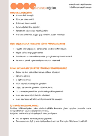 KURUMSAL DÖNÜŞÜM
 Kurumsal dil stratejisi
 Süreç ve süreç analizi
 Sistem ve sistem analizi
 Kurumsal algoritma çizimleri
 Yönetmelik ve yönerge nasıl hazırlanır
 Kriz-kaos anlarında, duygu güç yönetimi, düzen ve denge
ÇİZGİ DIŞI/SANATLA HARMANLI EĞİTİM PROGRAMLARIMIZ
 Hayatın kılavuz çizgileri- sanat içinde kendini keşfe yolculuk
 Yaşam savaşı değil yaşam sanatı
 Sine-Okuma – Sinema filmlerinden yola çıkarak hayatımızı okumak
 Karanlıkta yemek - görme duyusu dışında hissetmek
İNSAN KAYNAKLARI VE EĞİTİM YÖNETİMİ PROGRAMLARIMIZ
 Doğru işe alım sistemi kurmak ve mülakat teknikleri
 Eğiticinin eğitimi
 İç eğitmen olmak
 İnsan kaynaklarında eğitim yönetimi
 Doğru performans yönetim sistemi kurmak
 İ.k. cı olmayan yöneticiler için insan kaynakları yönetimi
 İnsan kaynakları için iç iletişim teknikleri
 İnsan kaynakları yönetim geliştirme uzmanlık programı
İŞ TERAPİSİ PROGRAMLARIMIZ
Özellikle birlikte çalışırken, takım içinde aksaklıklar, kırılmalar, güven kayıpları, çatışmalar kısaca
ilişki problemleri yaşayan ekiplere öneriyoruz.
Aşağıdaki sıralama ile yürütüp başarılı sonuçlar alıyoruz.
 Kısa bir toplantı ile ihtiyaç analizi yapılması
 Danışmanımızın ilgili grupla, ilgili grubun iş yerinde 1 tam gün ( kişi başı 45 dakikalık
 