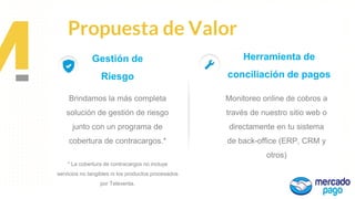 Propuesta de
Valor
Propuesta de Valor
Brindamos la más completa
solución de gestión de riesgo
junto con un programa de
cobertura de contracargos.*
Gestión de
Riesgo
Herramienta de
conciliación de pagos
Monitoreo online de cobros a
través de nuestro sitio web o
directamente en tu sistema
de back-office (ERP, CRM y
otros)
* La cobertura de contracargos no incluye
servicios no tangibles ni los productos procesados
por Televenta.
 