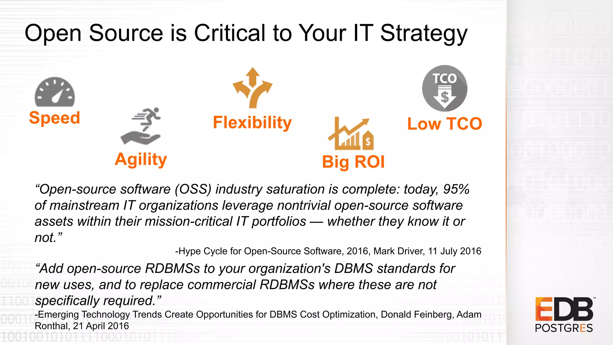 Open Source is Critical to Your IT Strategy
“Open-source software (OSS) industry saturation is complete: today, 95%
of mainstream IT organizations leverage nontrivial open-source software
assets within their mission-critical IT portfolios — whether they know it or
not.”
-Hype Cycle for Open-Source Software, 2016, Mark Driver, 11 July 2016
“Add open-source RDBMSs to your organization's DBMS standards for
new uses, and to replace commercial RDBMSs where these are not
specifically required.”
-Emerging Technology Trends Create Opportunities for DBMS Cost Optimization, Donald Feinberg, Adam
Ronthal, 21 April 2016
Speed
Agility
Flexibility
Big ROI
Low TCO
 